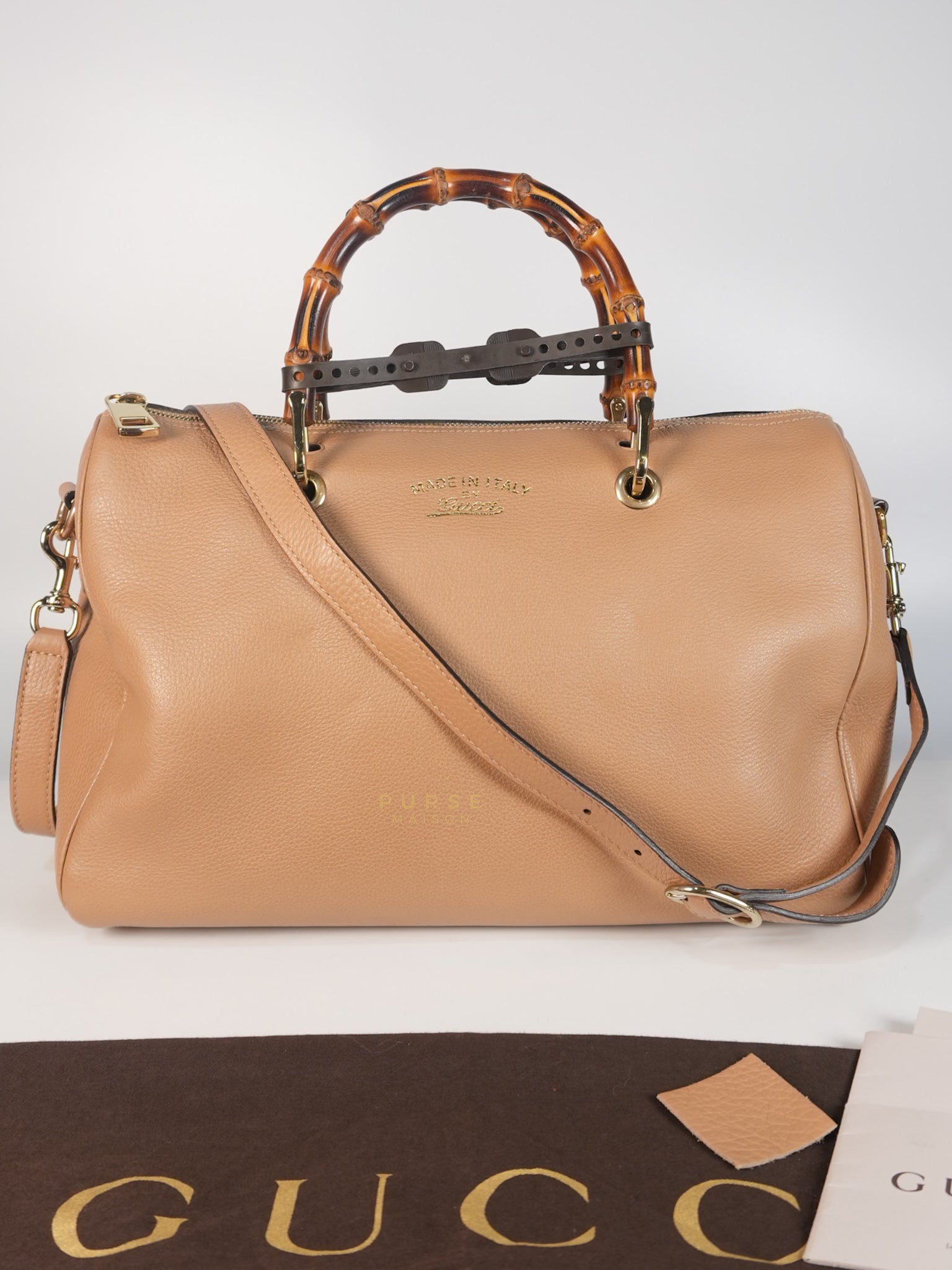 Boston Bamboo Top Handle Medium in Beige Calfskin Leather | Purse Maison Luxury Bags Shop