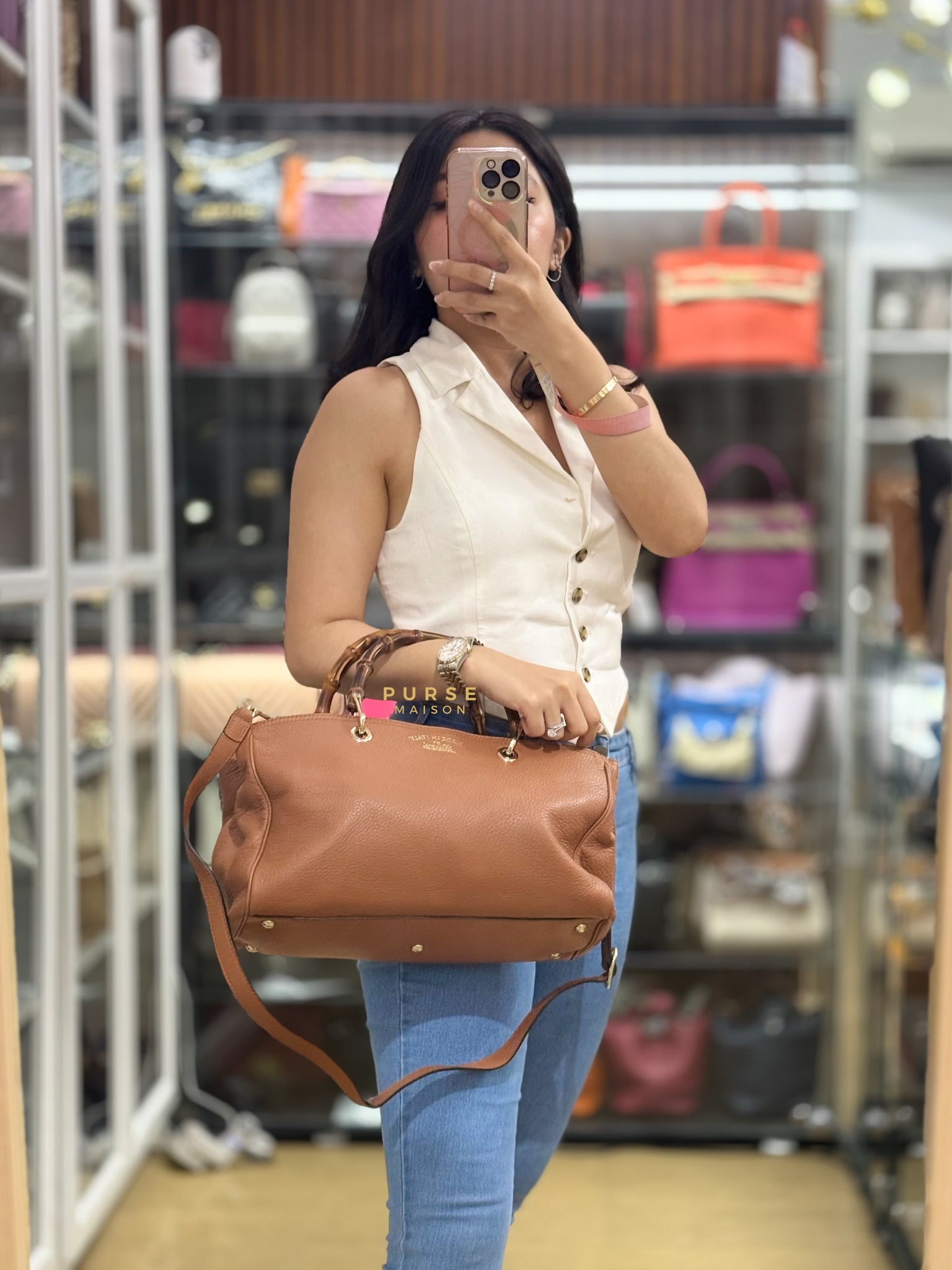 Boston Bamboo Top Handle Medium in Beige Calfskin Leather | Purse Maison Luxury Bags Shop