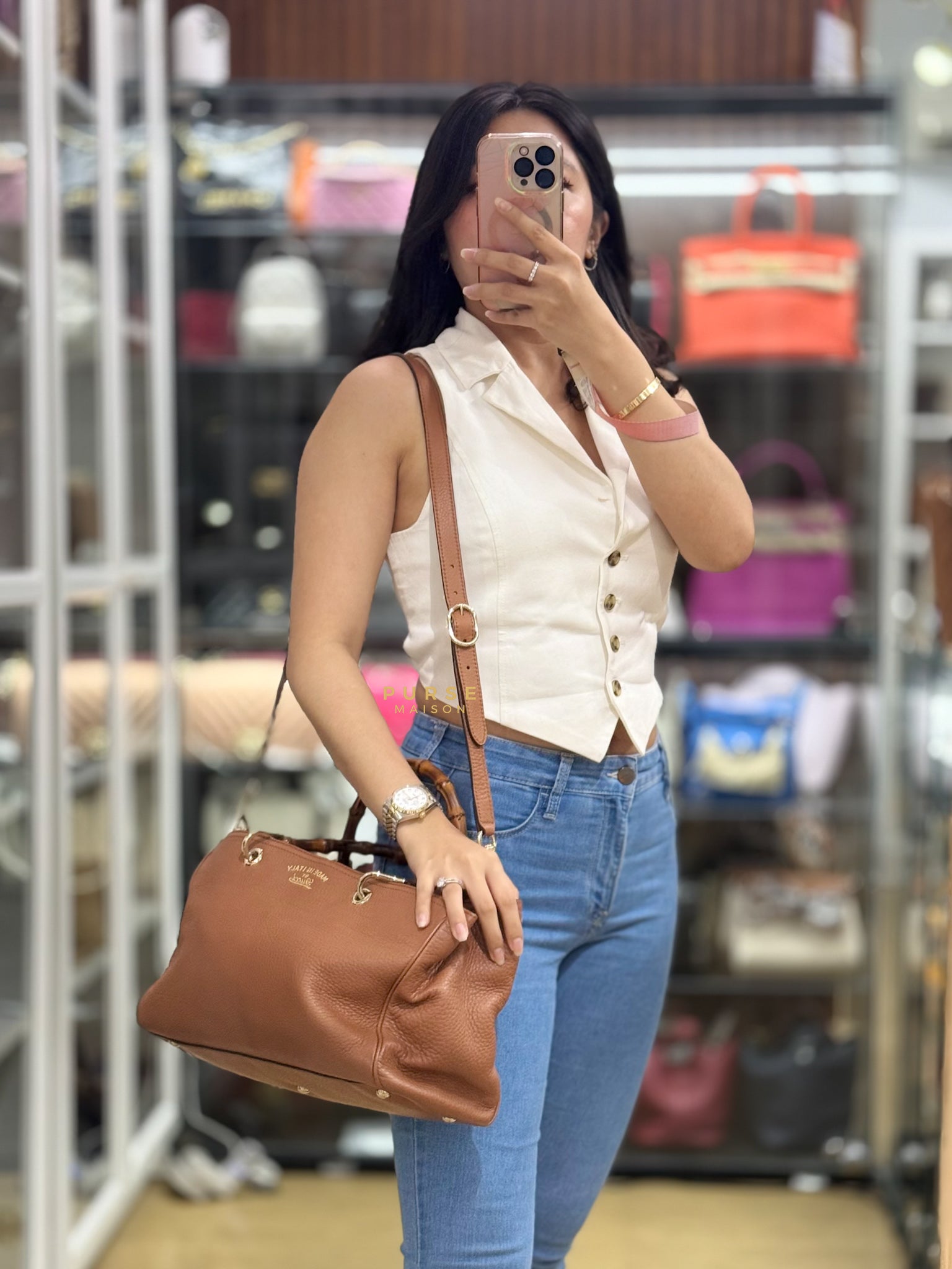 Boston Bamboo Top Handle Medium in Beige Calfskin Leather | Purse Maison Luxury Bags Shop