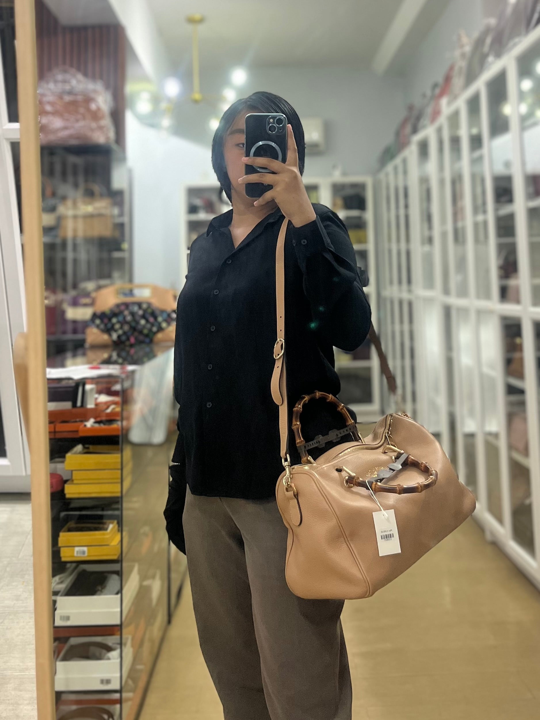 Boston Bamboo Top Handle Medium in Beige Calfskin Leather | Purse Maison Luxury Bags Shop