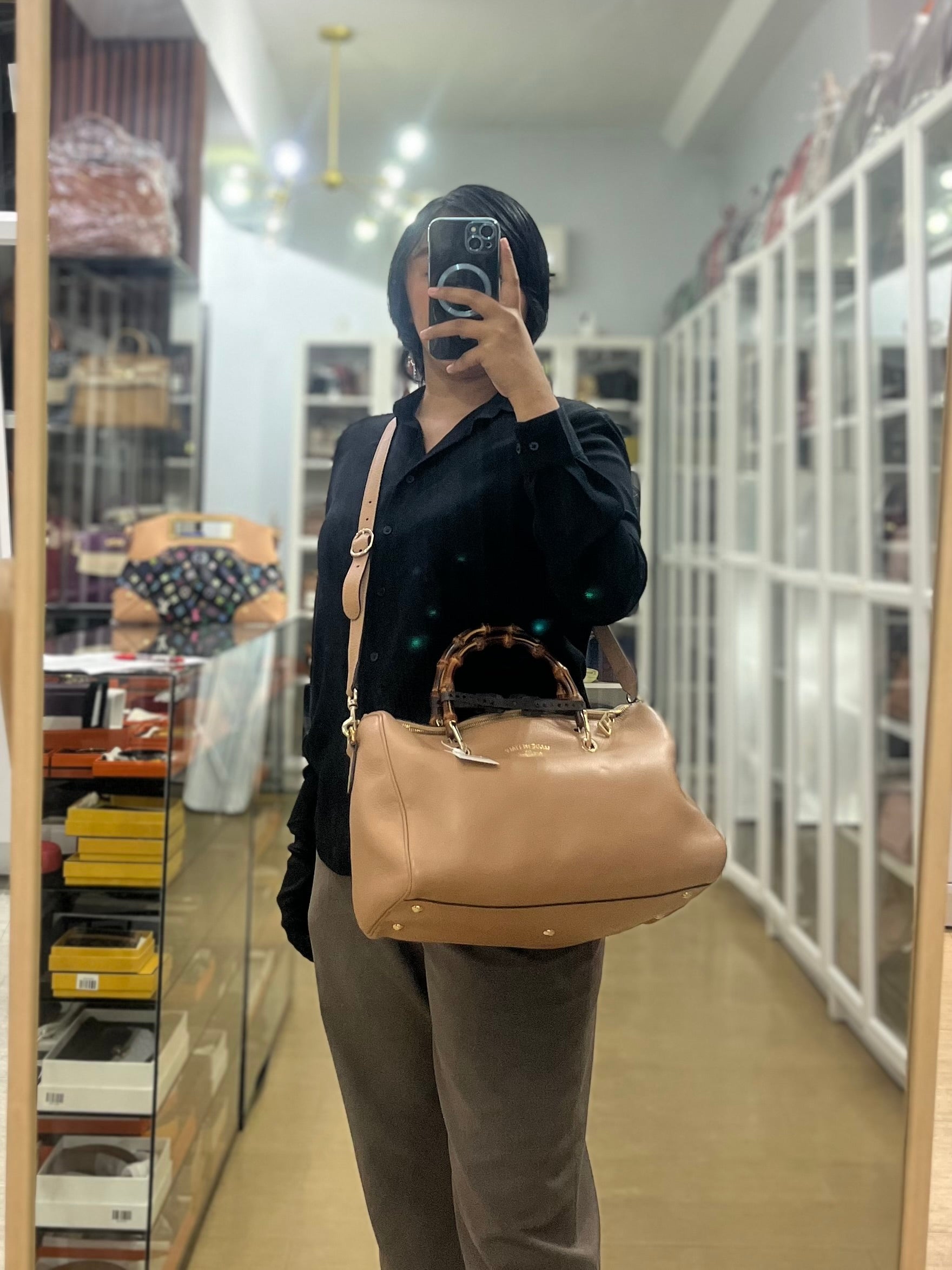 Boston Bamboo Top Handle Medium in Beige Calfskin Leather | Purse Maison Luxury Bags Shop