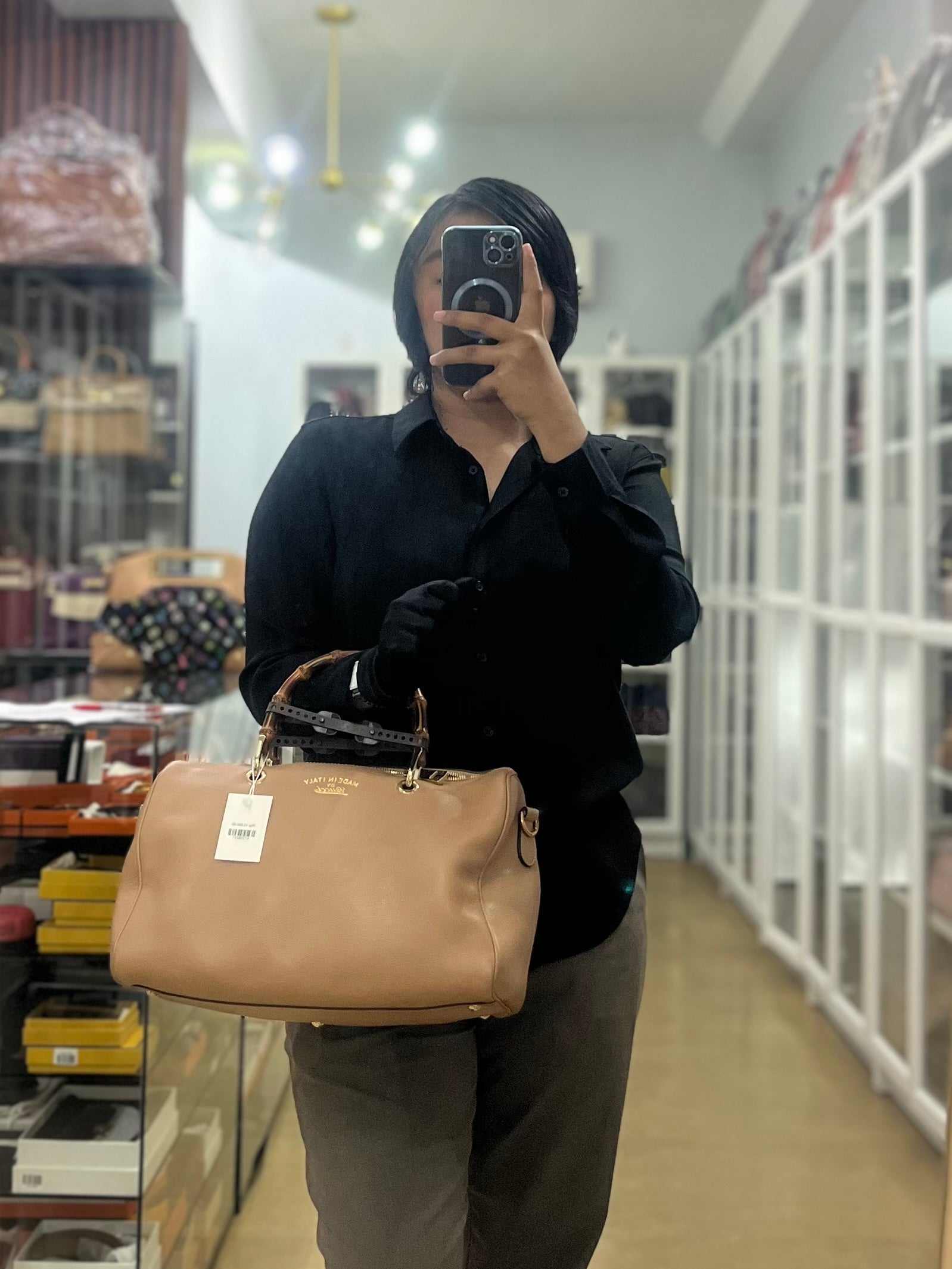 Boston Bamboo Top Handle Medium in Beige Calfskin Leather | Purse Maison Luxury Bags Shop