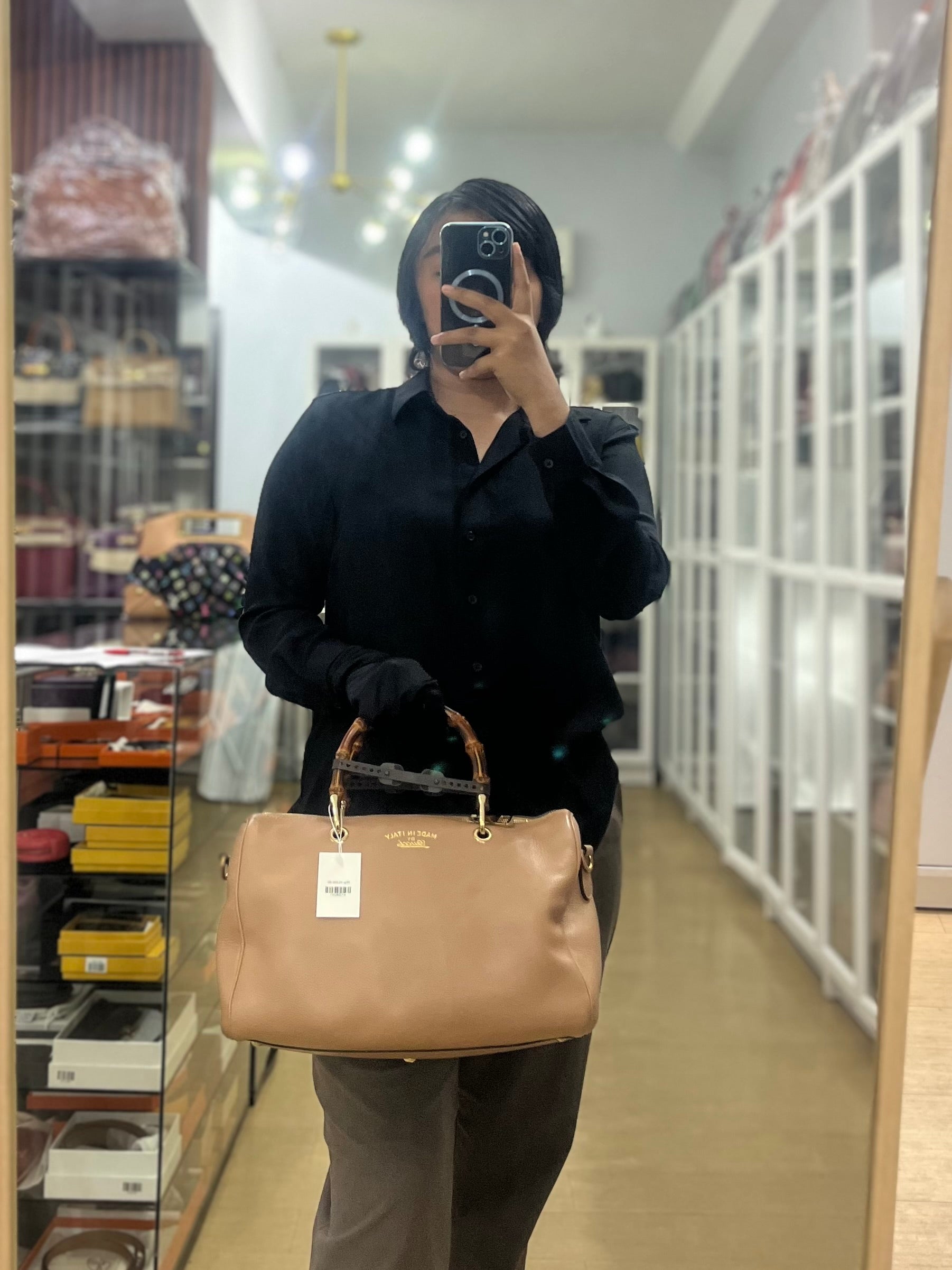 Boston Bamboo Top Handle Medium in Beige Calfskin Leather | Purse Maison Luxury Bags Shop