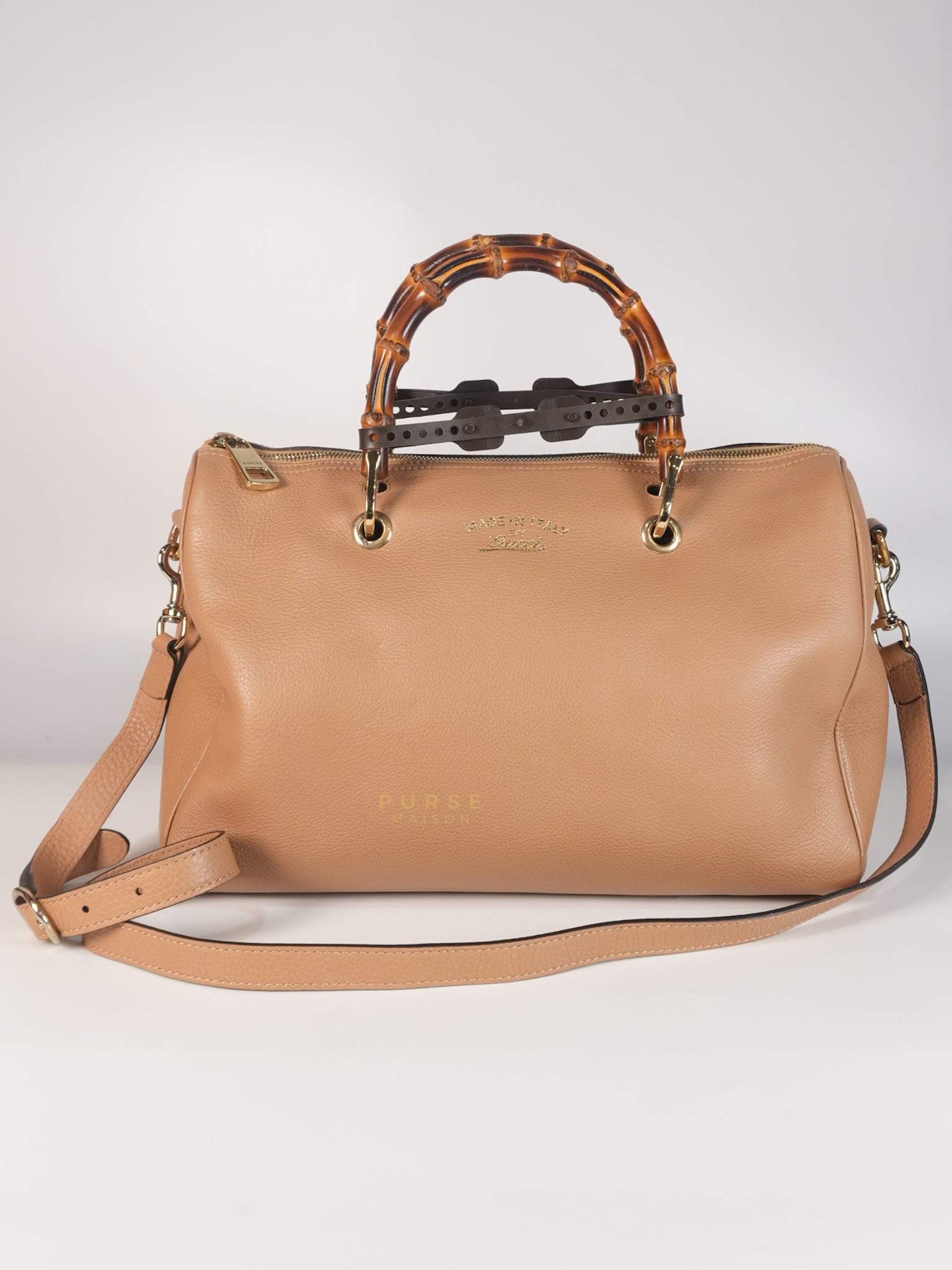 Boston Bamboo Top Handle Medium in Beige Calfskin Leather | Purse Maison Luxury Bags Shop