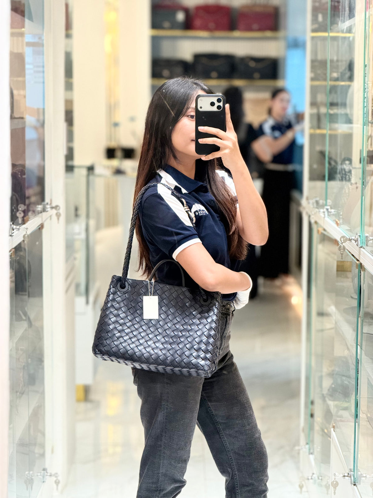 Bottega Veneta Andiamo Medium in Dark Blue Intrecciato Leather and Silver Hardware | Purse Maison Luxury Bags Shop