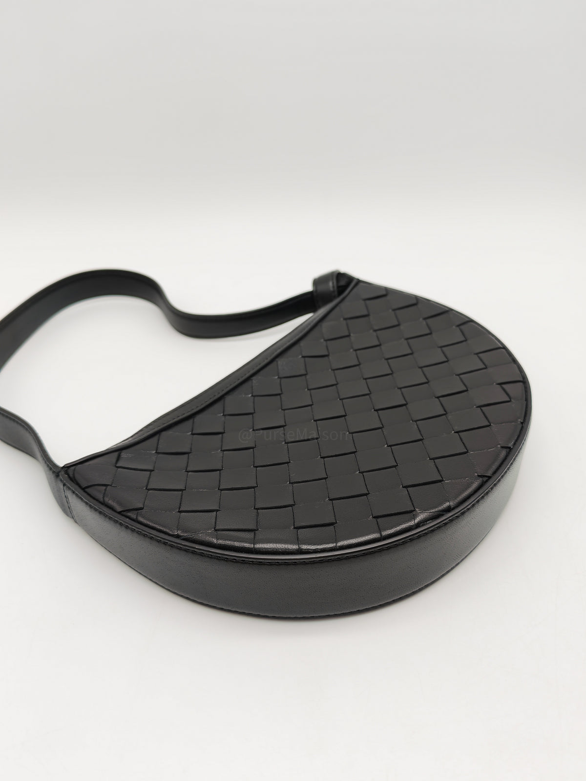 Bottega Veneta Compact Half Moon Crescent Silhoutte in Black Intrecciato Woven Leather and Gold Hardware | Purse Maison Luxury Bags Shop