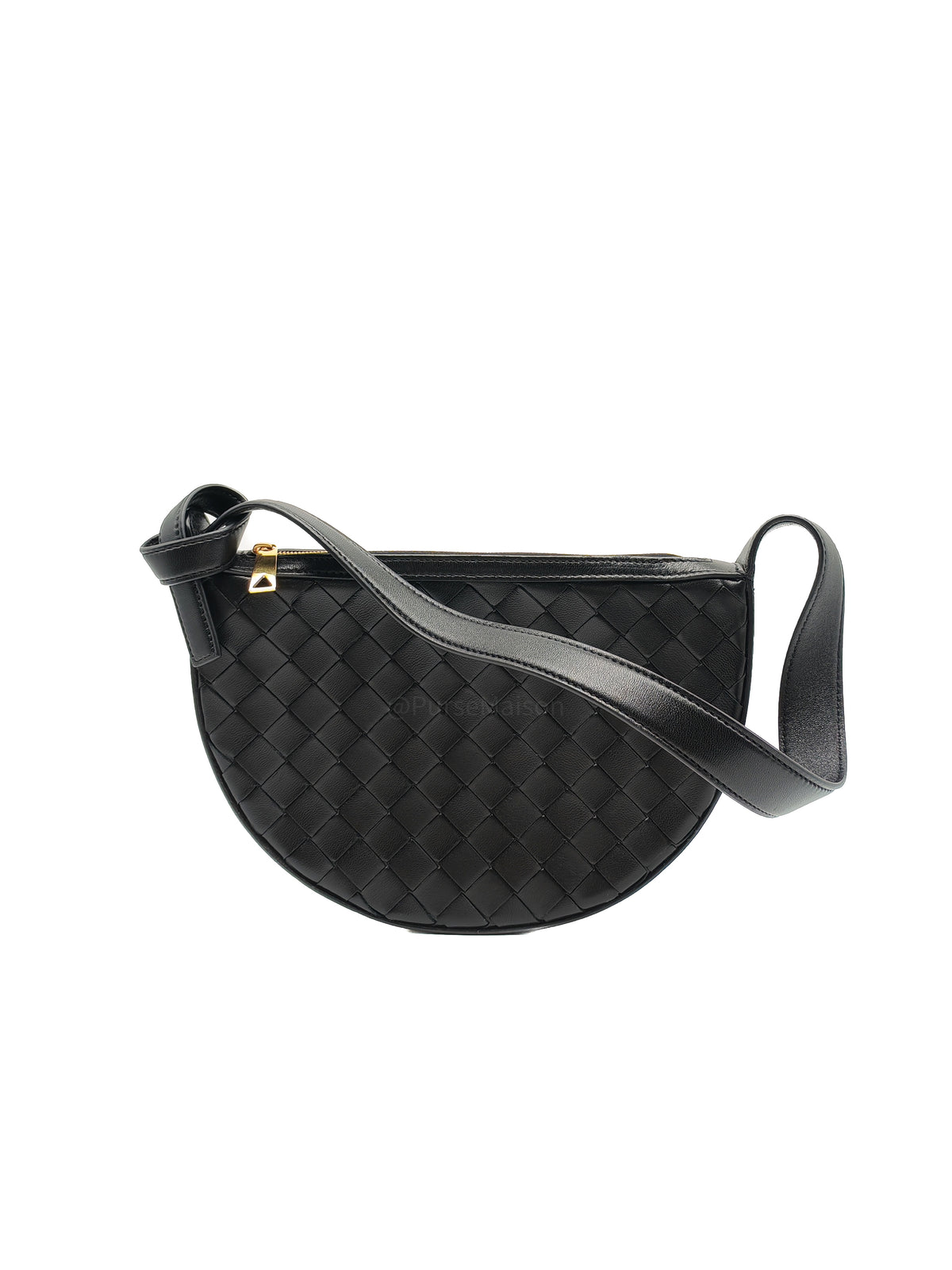 Bottega Veneta Compact Half Moon Crescent Silhoutte in Black Intrecciato Woven Leather and Gold Hardware | Purse Maison Luxury Bags Shop