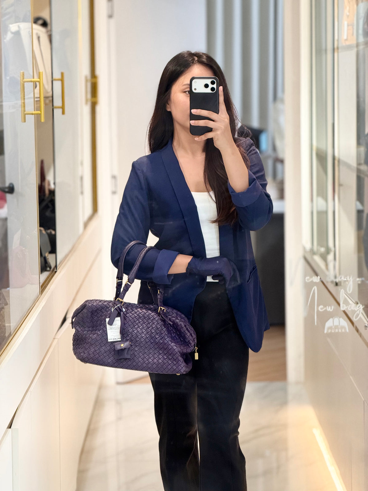 Bottega Veneta Montaigne Satchel Bag in Purple Intrecciato Woven Leather and Aged Gold Hardware | Purse Maison Luxury Bags Shop