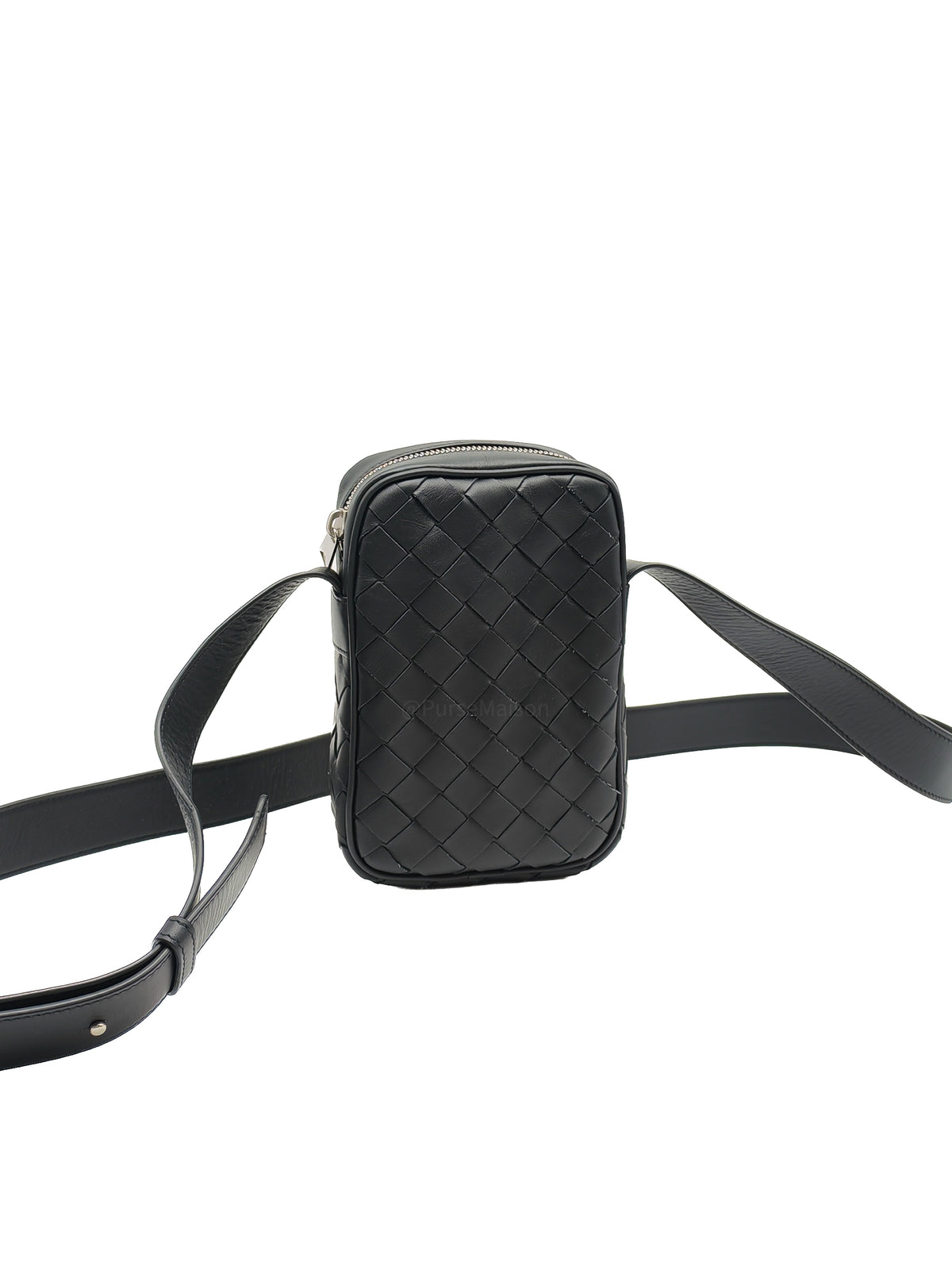 Bottega Veneta Zipped Phone Pouch Bag in Black Intrecciato Woven Leather and Silver Hardware | Purse Maison Luxury Bags Shop