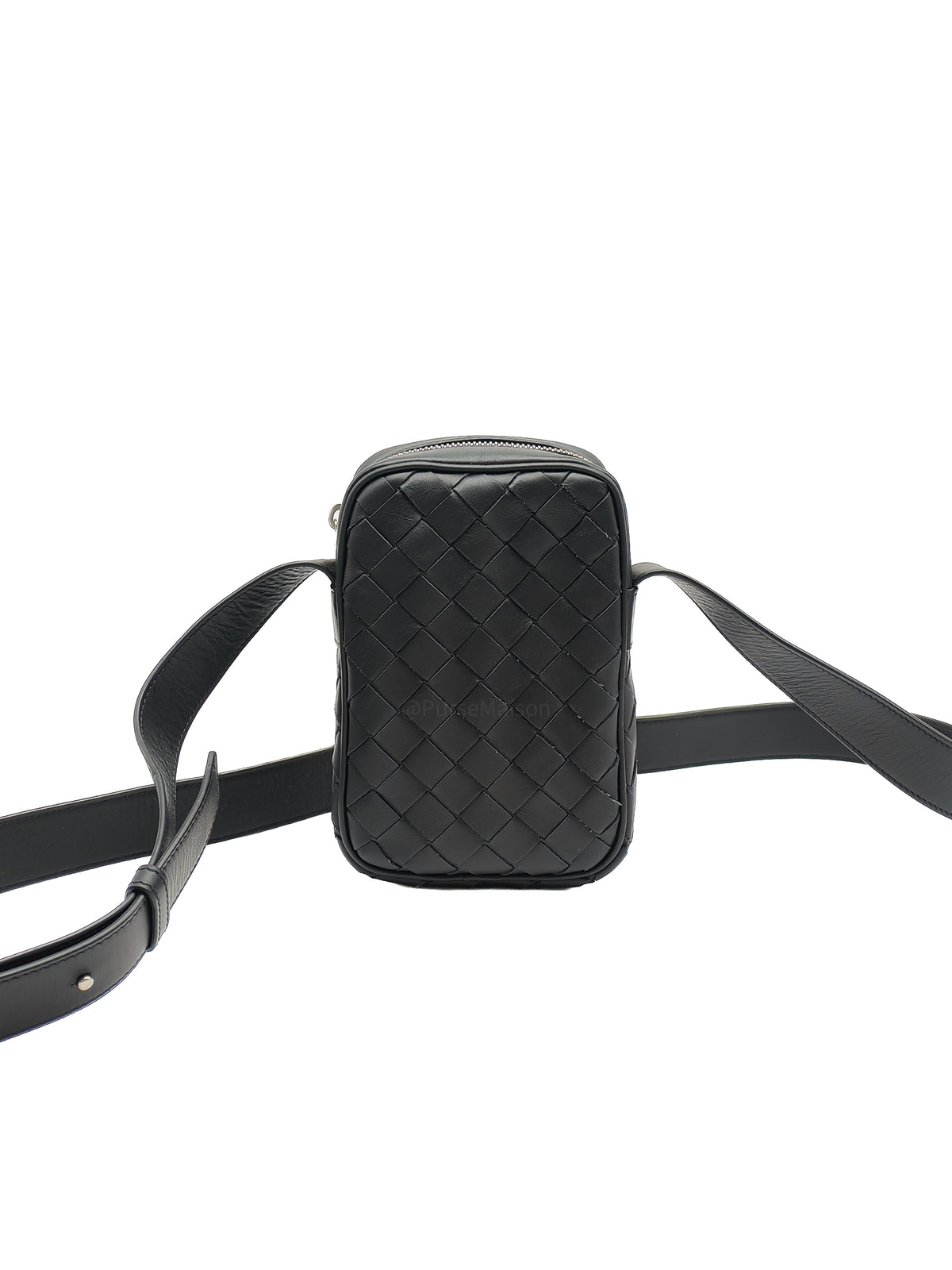 Bottega Veneta Zipped Phone Pouch Bag in Black Intrecciato Woven Leather and Silver Hardware | Purse Maison Luxury Bags Shop