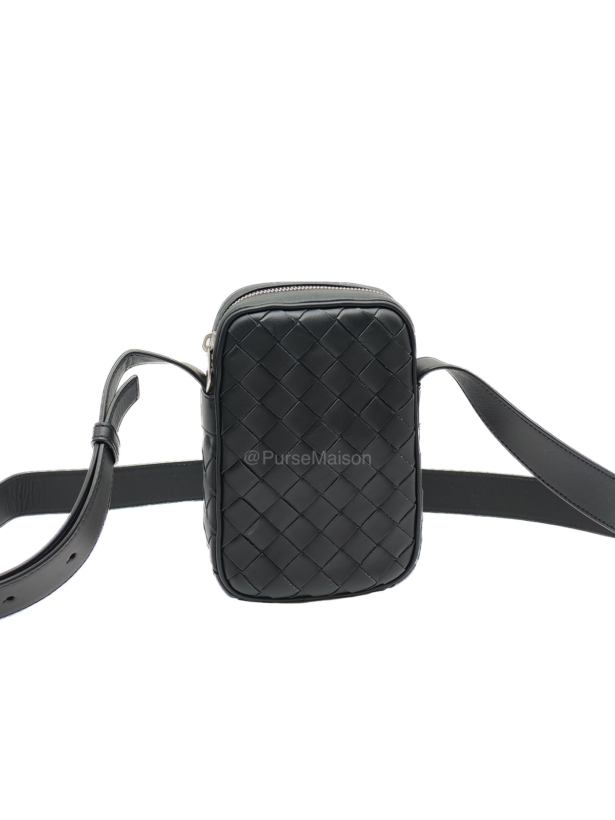 Bottega Veneta Zipped Phone Pouch Bag in Black Intrecciato Woven Leather & Silver Hardware | Purse Maison Luxury Bags Shop