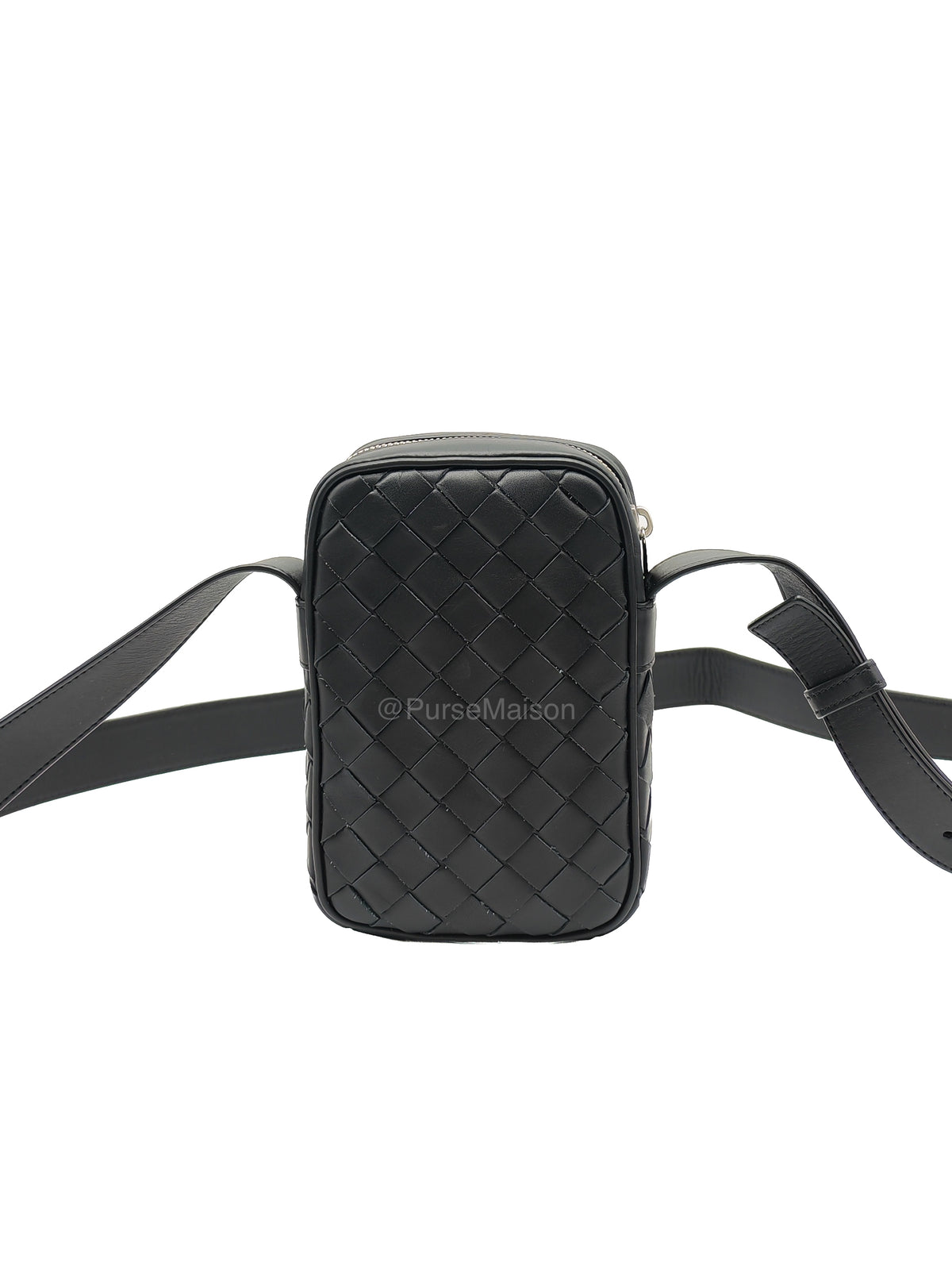 Bottega Veneta Zipped Phone Pouch Bag in Black Intrecciato Woven Leather & Silver Hardware | Purse Maison Luxury Bags Shop