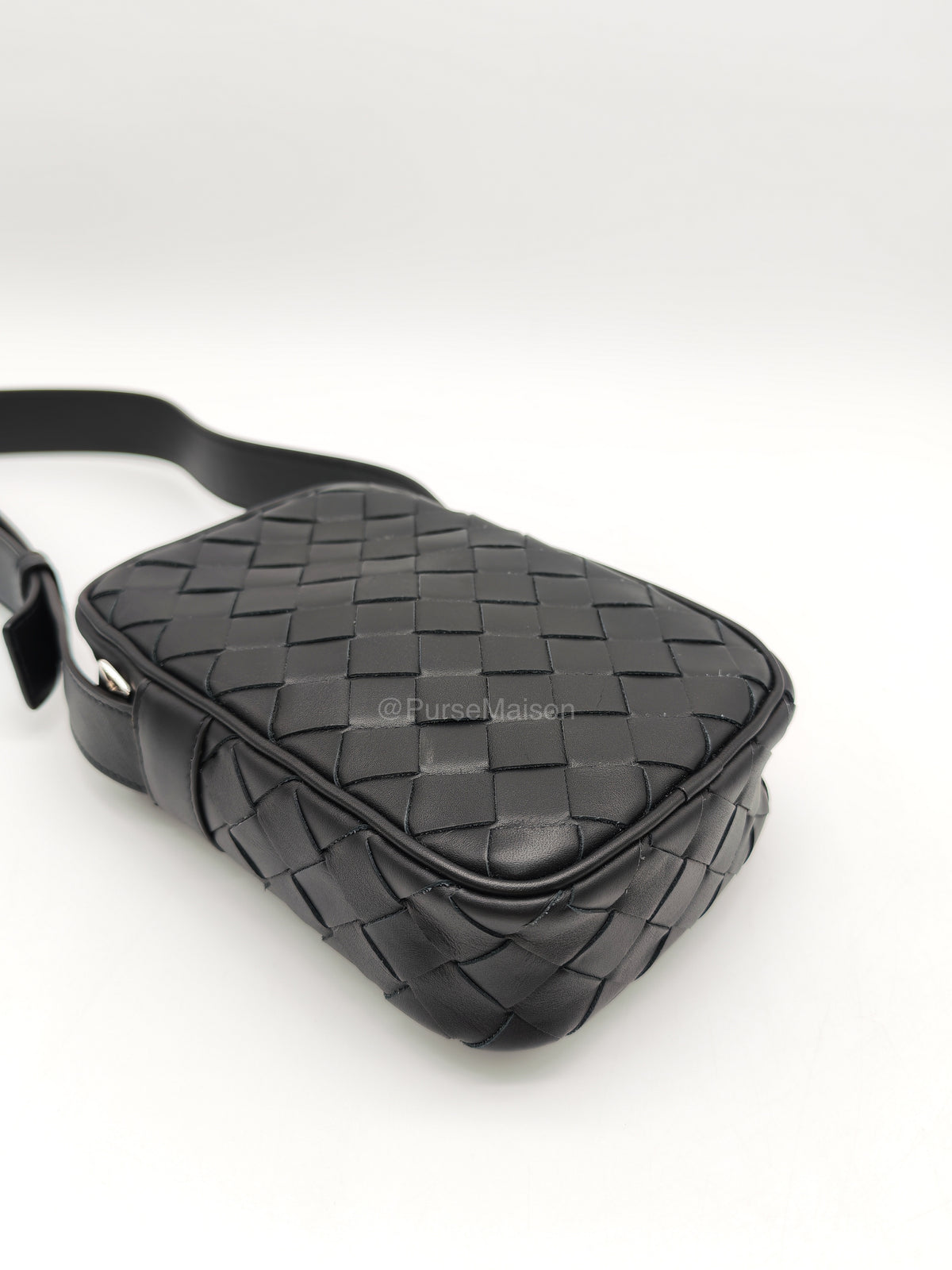 Bottega Veneta Zipped Phone Pouch Bag in Black Intrecciato Woven Leather & Silver Hardware | Purse Maison Luxury Bags Shop