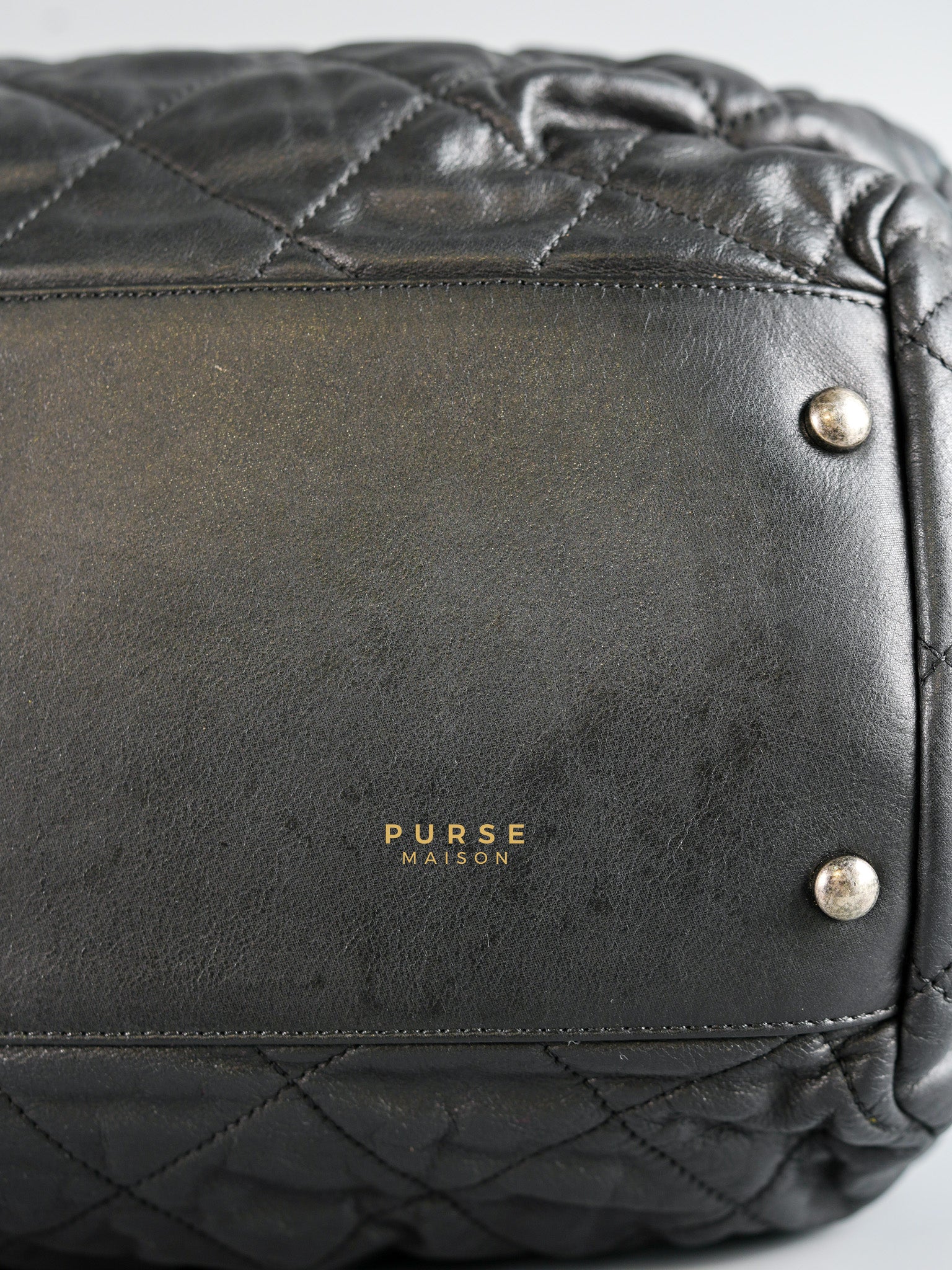 Bowling Bag in Black Iridescent Calfskin Leather and Ruthenium Hardware Series 14 | Purse Maison Luxury Bags Shop