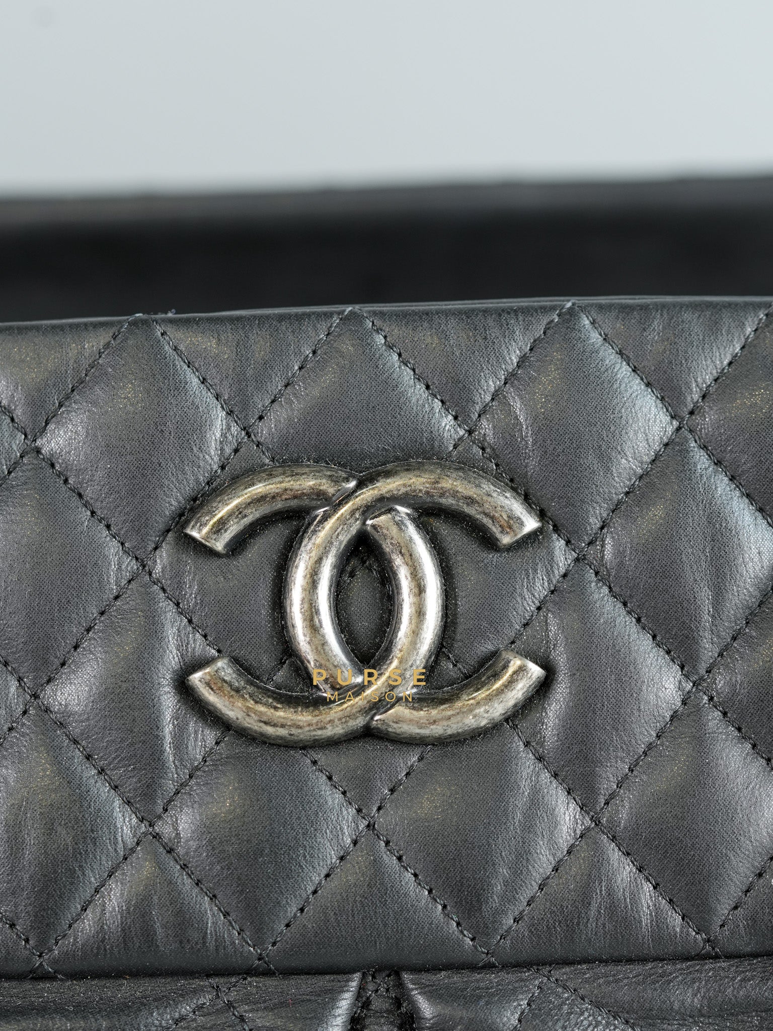 Bowling Bag in Black Iridescent Calfskin Leather and Ruthenium Hardware Series 14 | Purse Maison Luxury Bags Shop