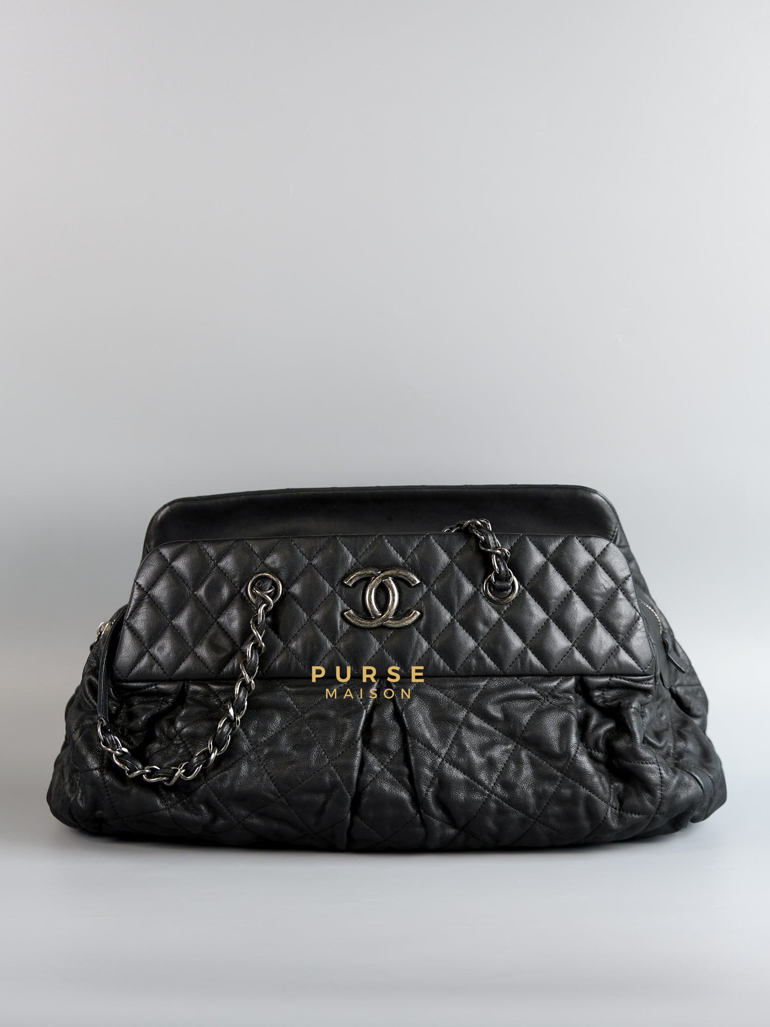 Bowling Bag in Black Iridescent Calfskin Leather and Ruthenium Hardware Series 14 | Purse Maison Luxury Bags Shop