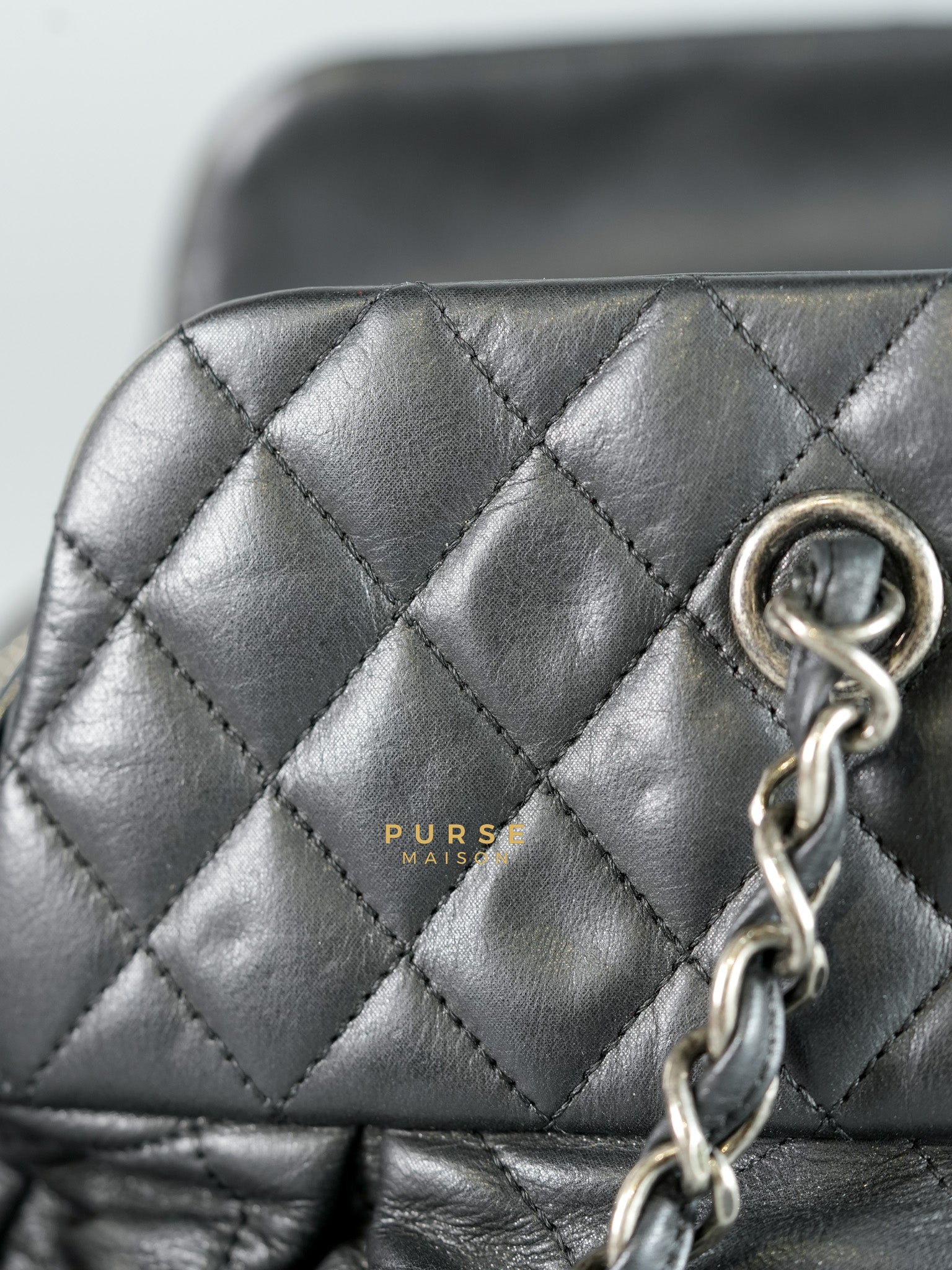 Bowling Bag in Black Iridescent Calfskin Leather and Ruthenium Hardware Series 14 | Purse Maison Luxury Bags Shop