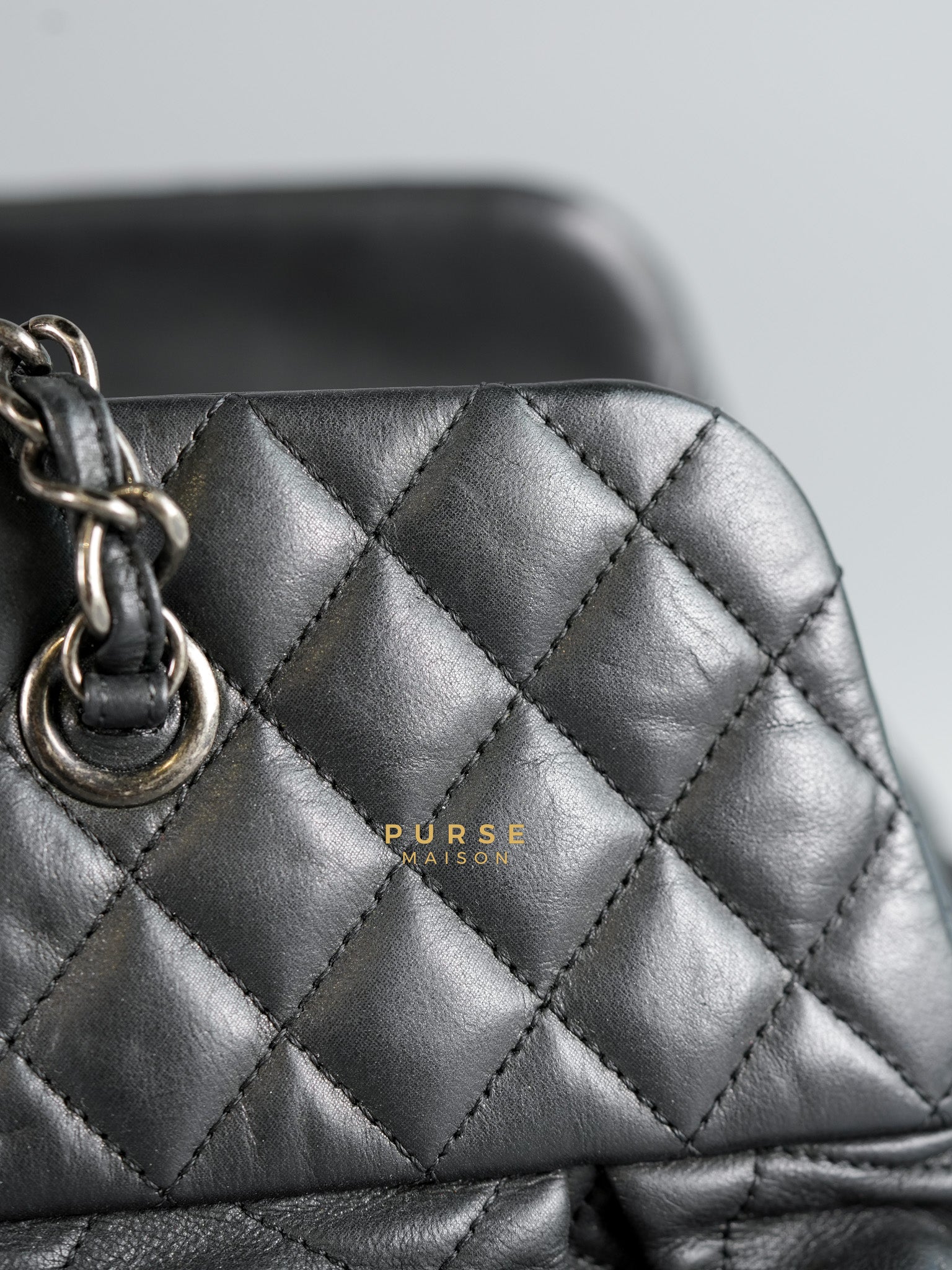 Bowling Bag in Black Iridescent Calfskin Leather and Ruthenium Hardware Series 14 | Purse Maison Luxury Bags Shop