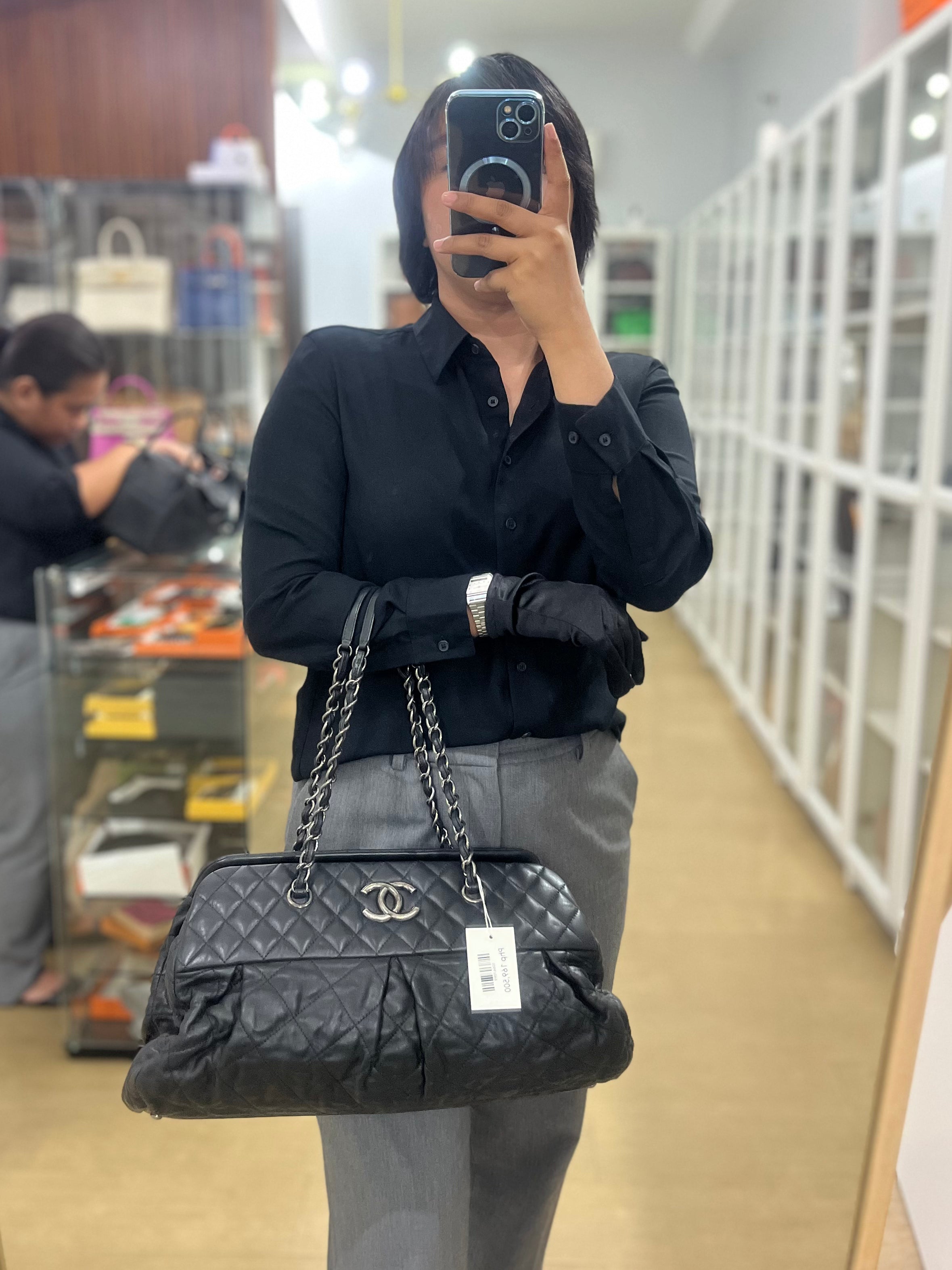 Bowling Bag in Black Iridescent Calfskin Leather and Ruthenium Hardware Series 14 | Purse Maison Luxury Bags Shop