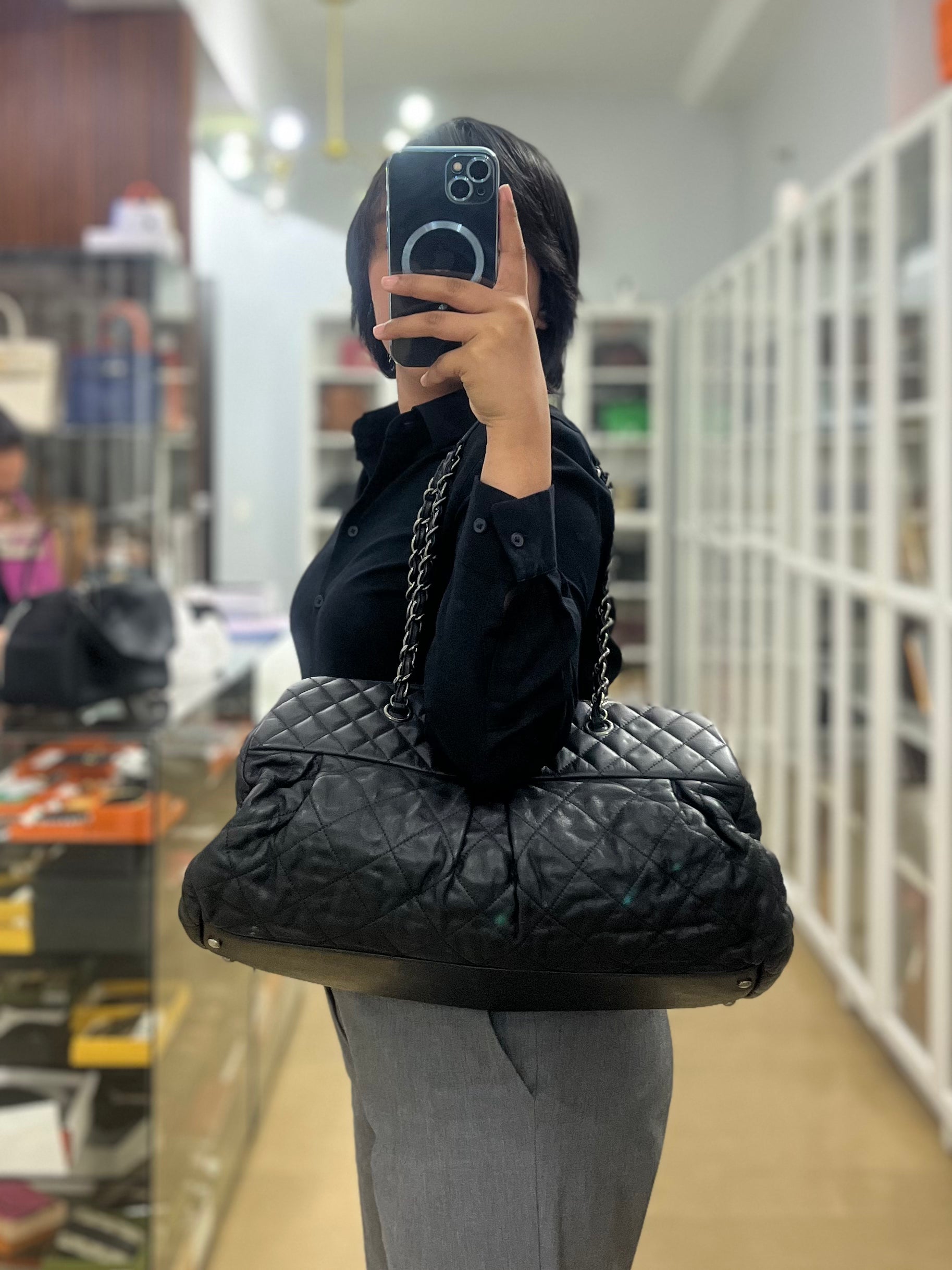 Bowling Bag in Black Iridescent Calfskin Leather and Ruthenium Hardware Series 14 | Purse Maison Luxury Bags Shop