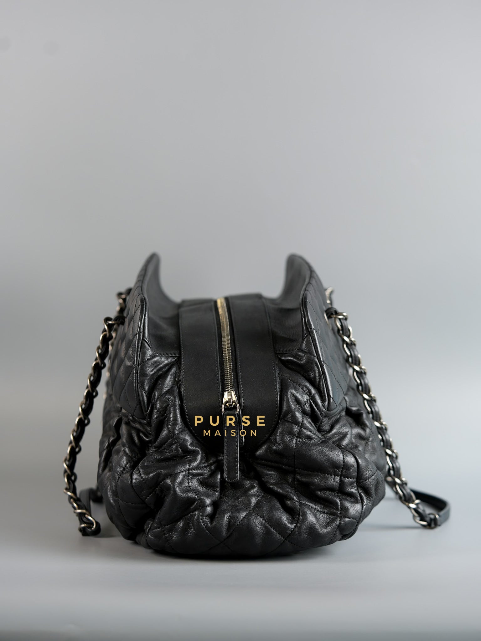 Bowling Bag in Black Iridescent Calfskin Leather and Ruthenium Hardware Series 14 | Purse Maison Luxury Bags Shop