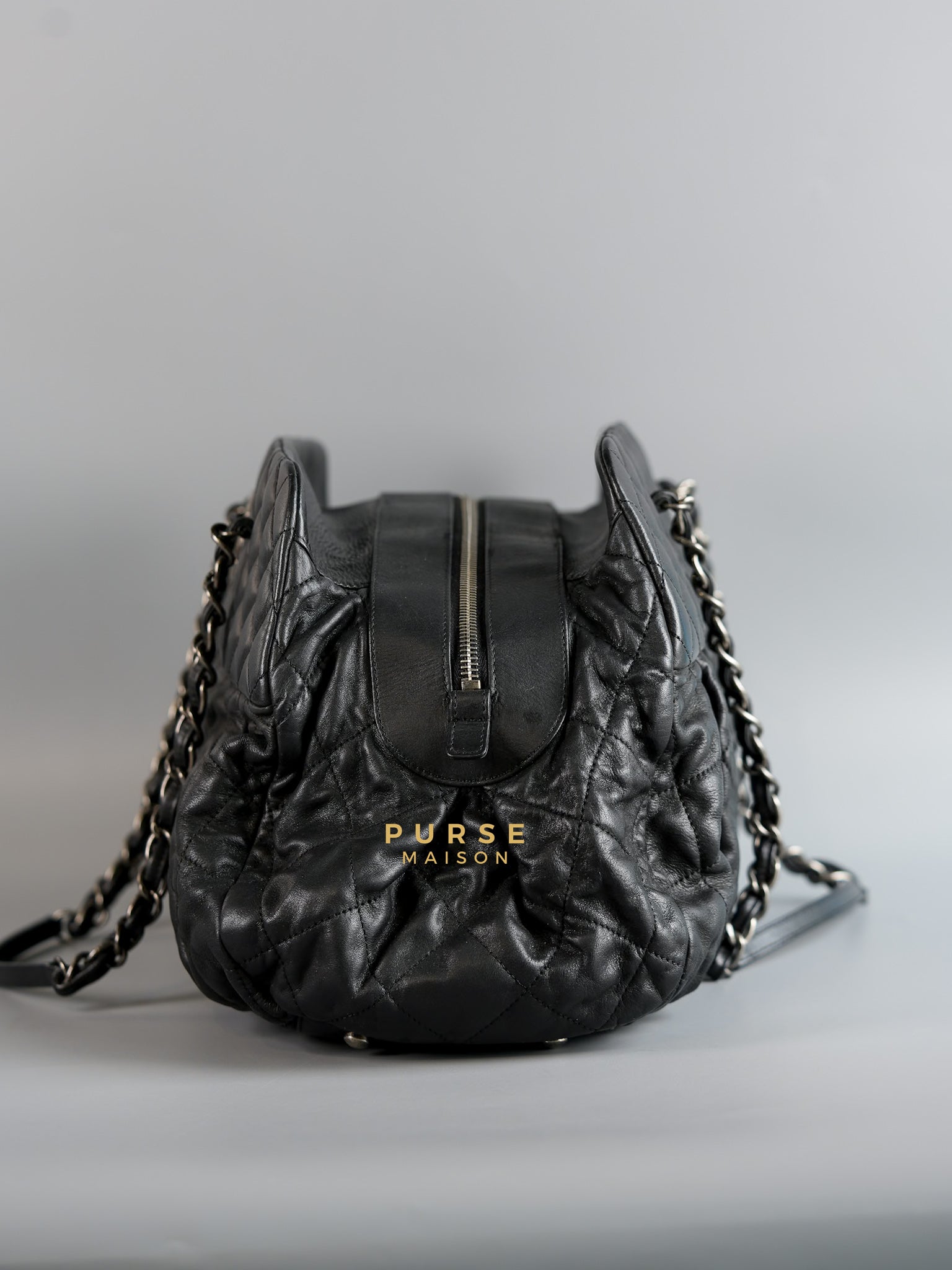 Bowling Bag in Black Iridescent Calfskin Leather and Ruthenium Hardware Series 14 | Purse Maison Luxury Bags Shop