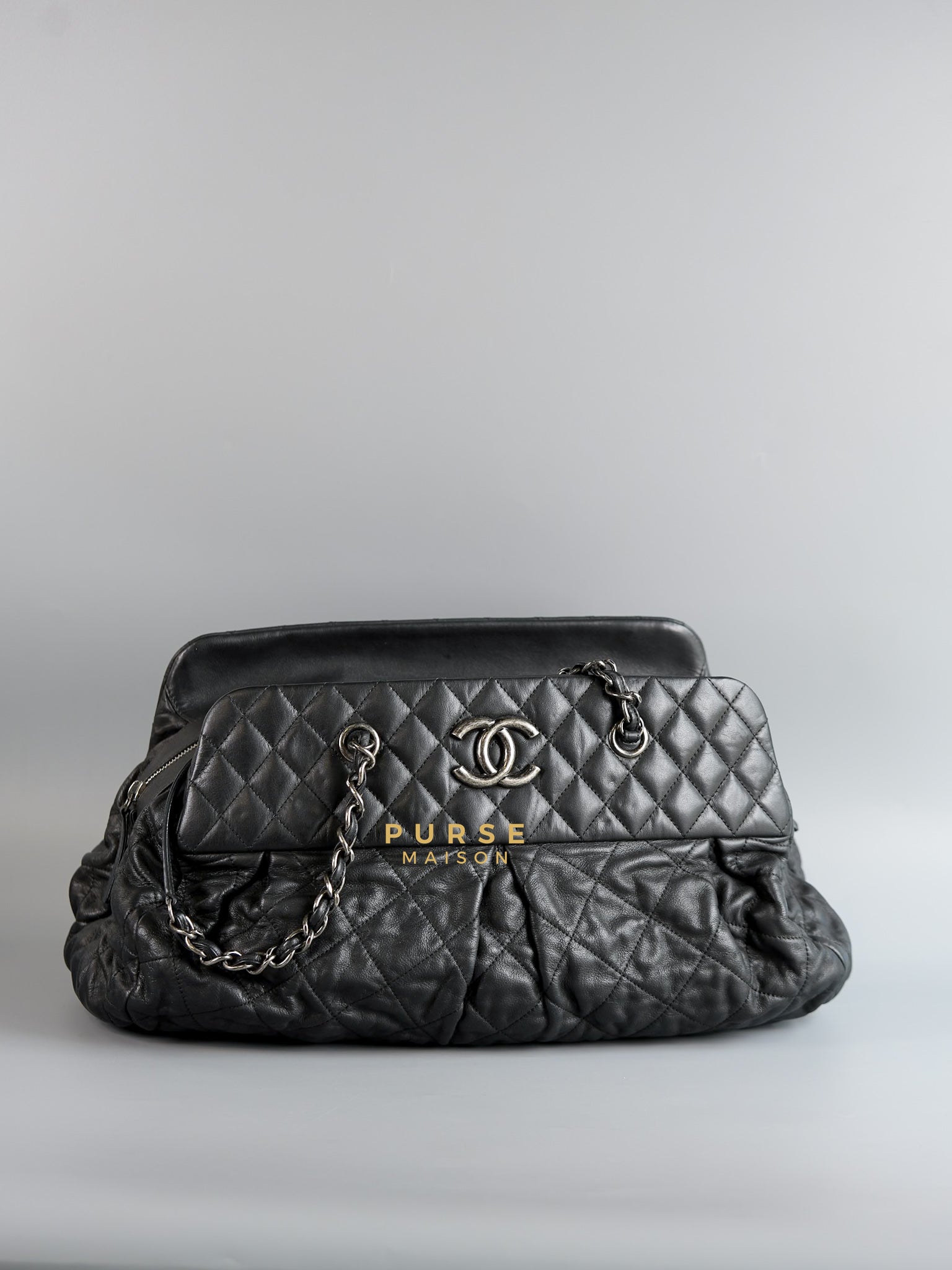 Bowling Bag in Black Iridescent Calfskin Leather and Ruthenium Hardware Series 14 | Purse Maison Luxury Bags Shop