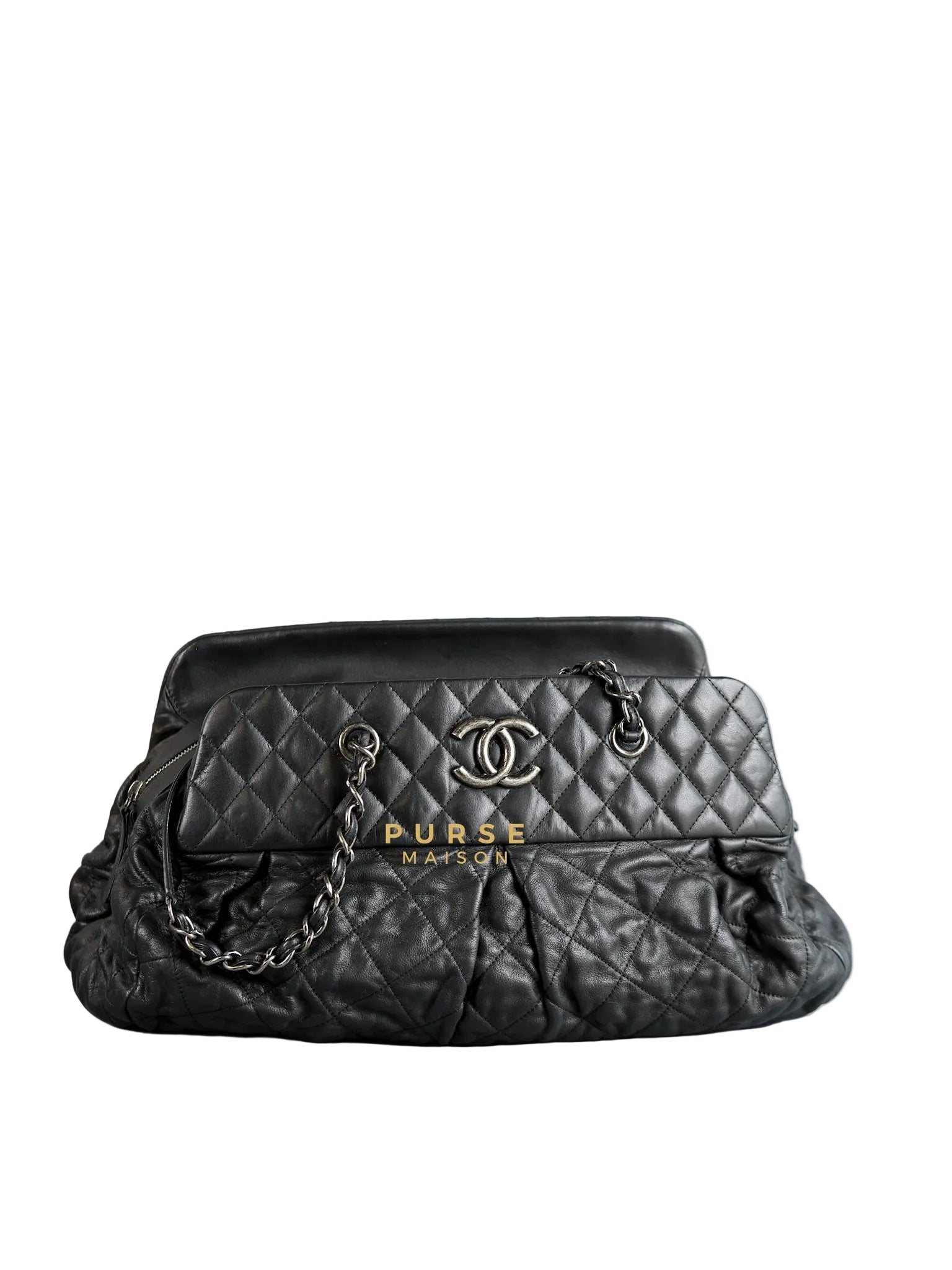 Bowling Bag in Black Iridescent Calfskin Leather and Ruthenium Hardware Series 14 | Purse Maison Luxury Bags Shop
