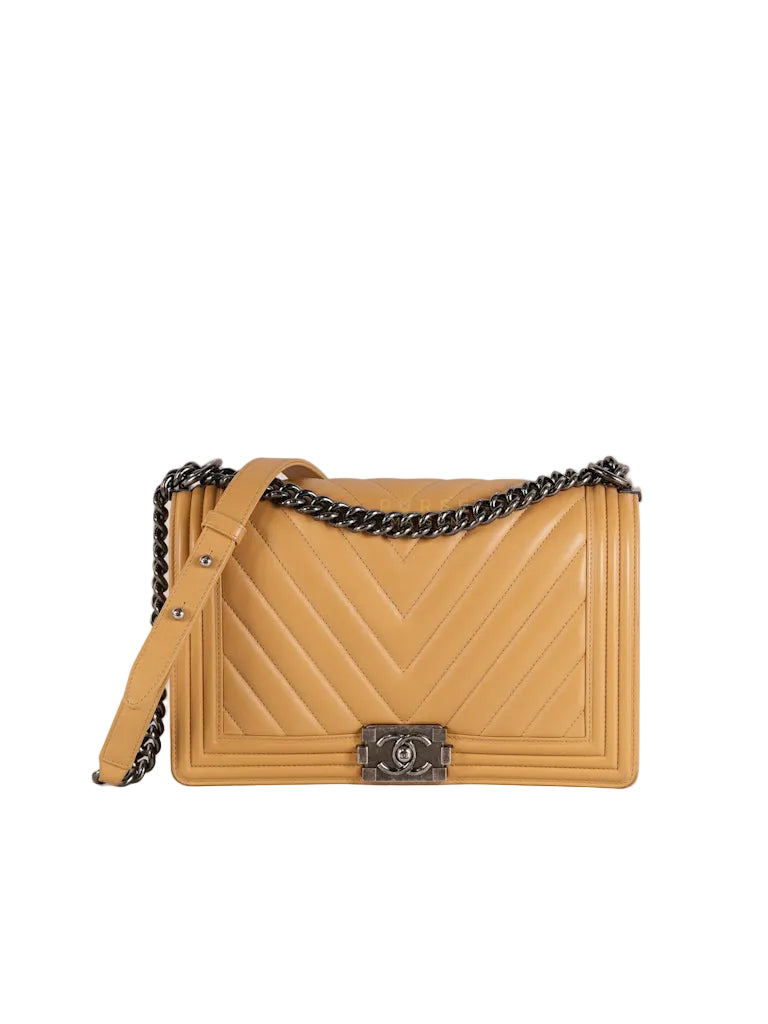 Boy Chevron Beige in Calfskin Leather and Ruthenium Hardware Series 22 | Purse Maison Luxury Bags Shop