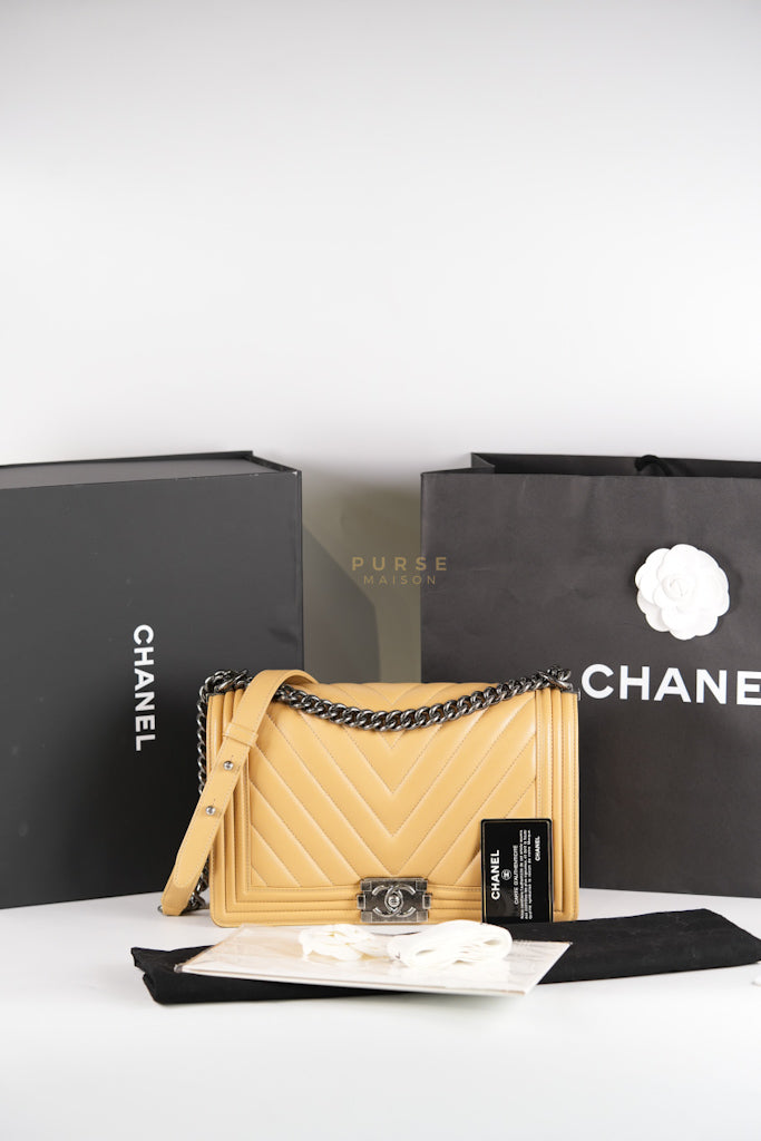 Boy Chevron Beige in Calfskin Leather and Ruthenium Hardware Series 22 | Purse Maison Luxury Bags Shop