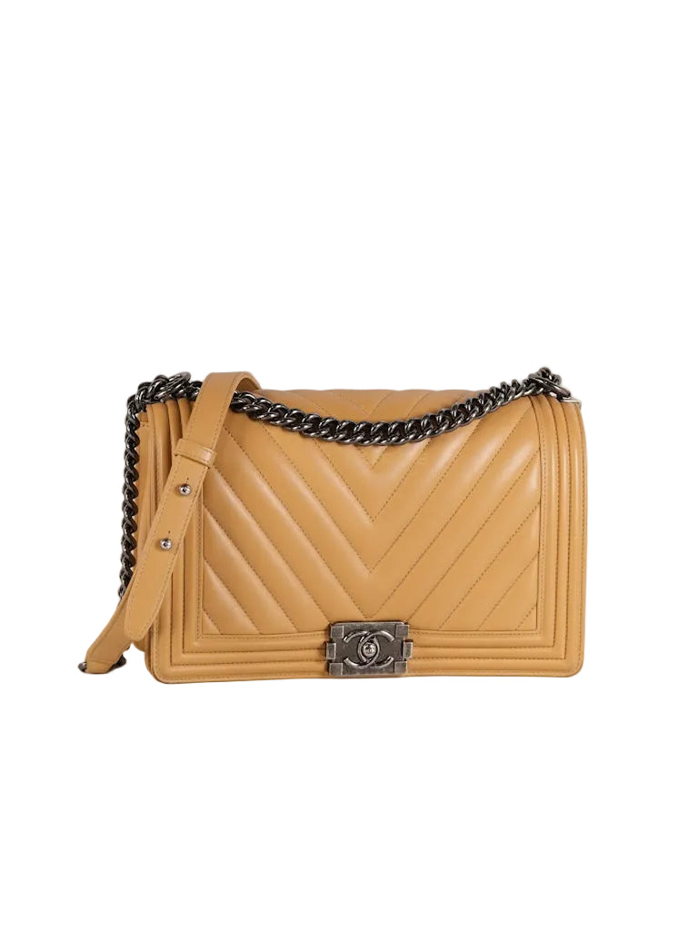 Boy Chevron Beige in Calfskin Leather and Ruthenium Hardware Series 22 | Purse Maison Luxury Bags Shop