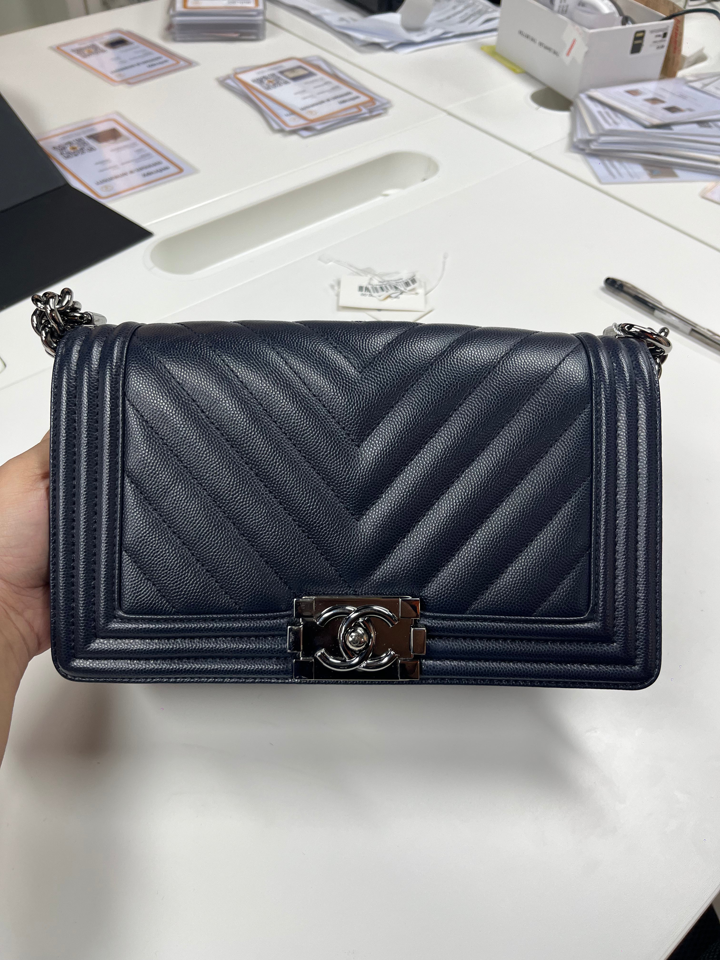Boy Chevron Old Medium Navy Blue Silver Hardware Series 25 | Purse Maison Luxury Bags Shop