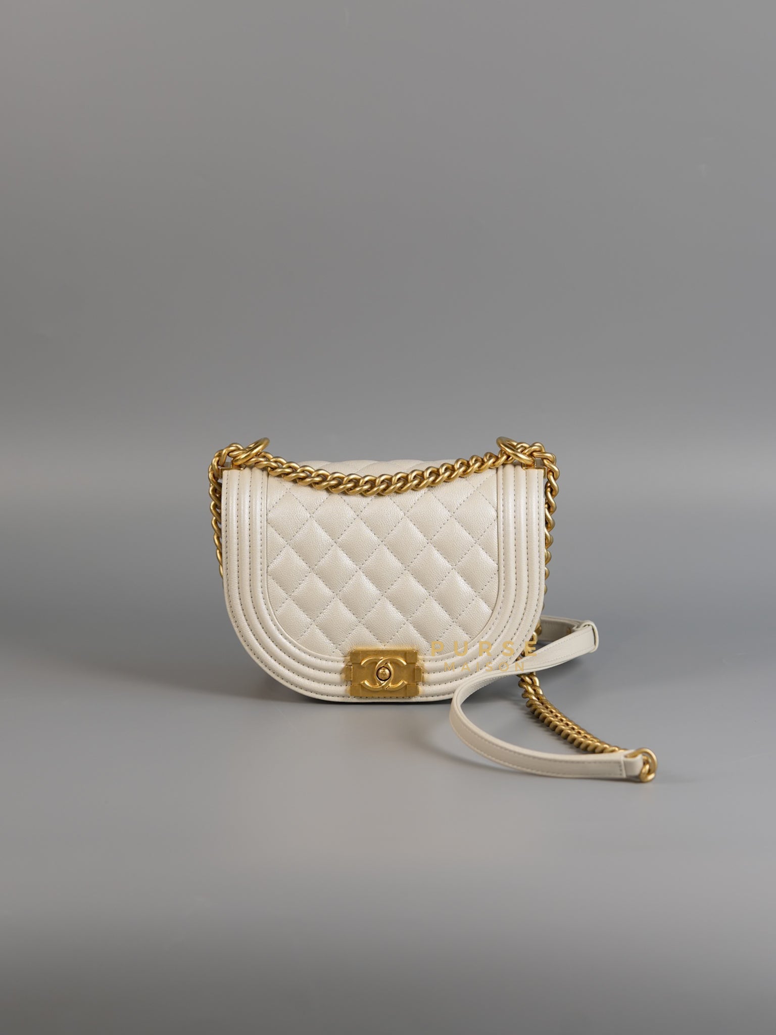 Boy Crescent Messenger Small Bag in Iridescent White Caviar & Aged Gold Hardware (Microchip) | Purse Maison Luxury Bags Shop