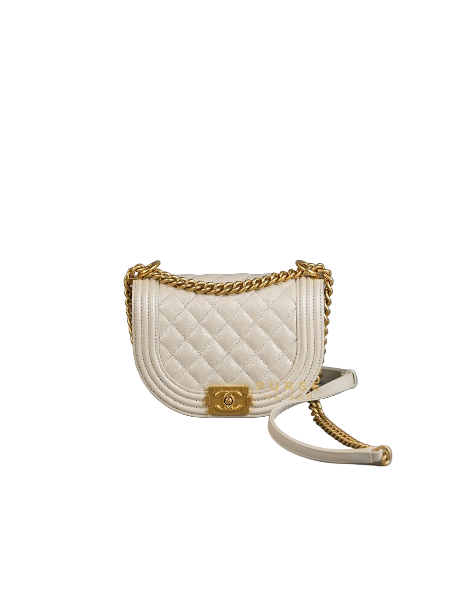 Boy Crescent Messenger Small Bag in Iridescent White Caviar & Aged Gold Hardware (Microchip) | Purse Maison Luxury Bags Shop