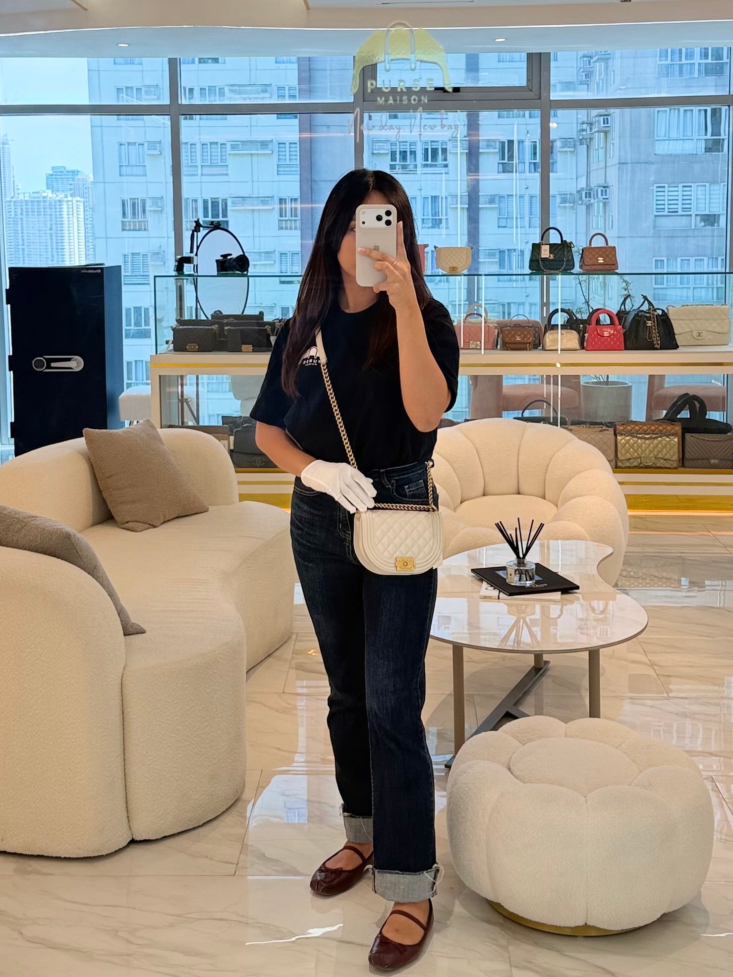 Boy Crescent Messenger Small Bag in Iridescent White Caviar & Aged Gold Hardware (Microchip) | Purse Maison Luxury Bags Shop