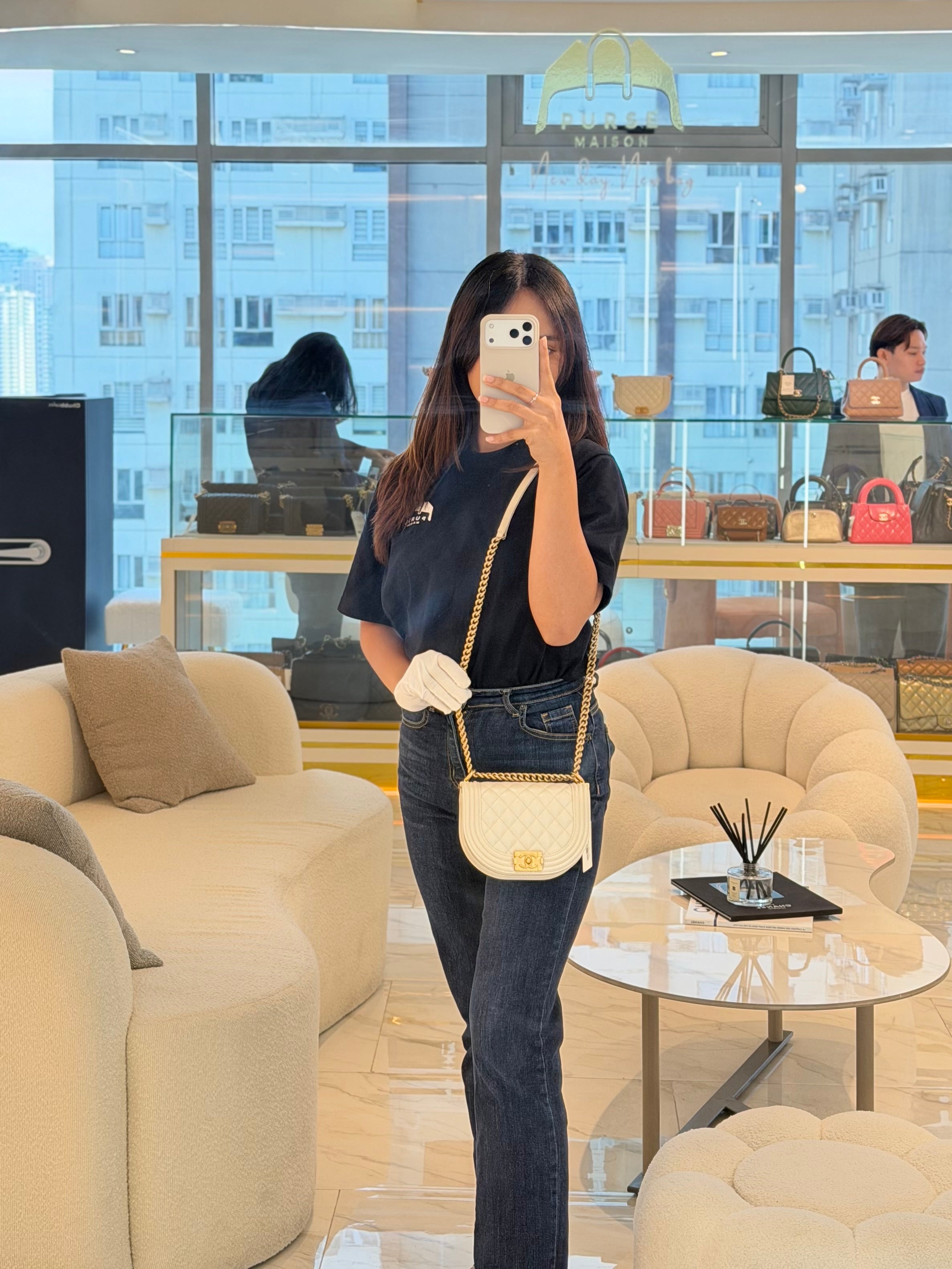 Boy Crescent Messenger Small Bag in Iridescent White Caviar & Aged Gold Hardware (Microchip) | Purse Maison Luxury Bags Shop