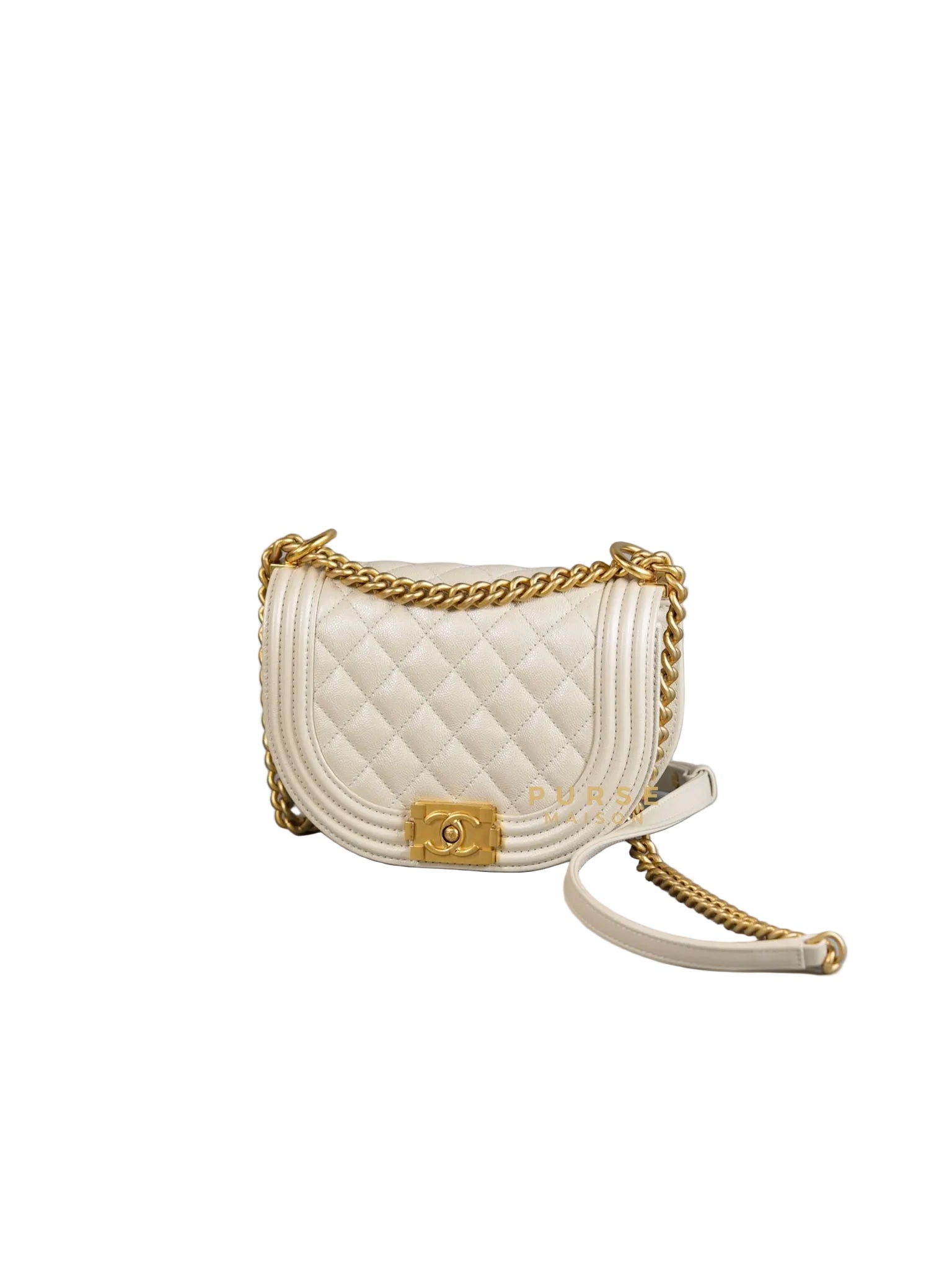 Boy Crescent Messenger Small Bag in Iridescent White Caviar & Aged Gold Hardware (Microchip) | Purse Maison Luxury Bags Shop