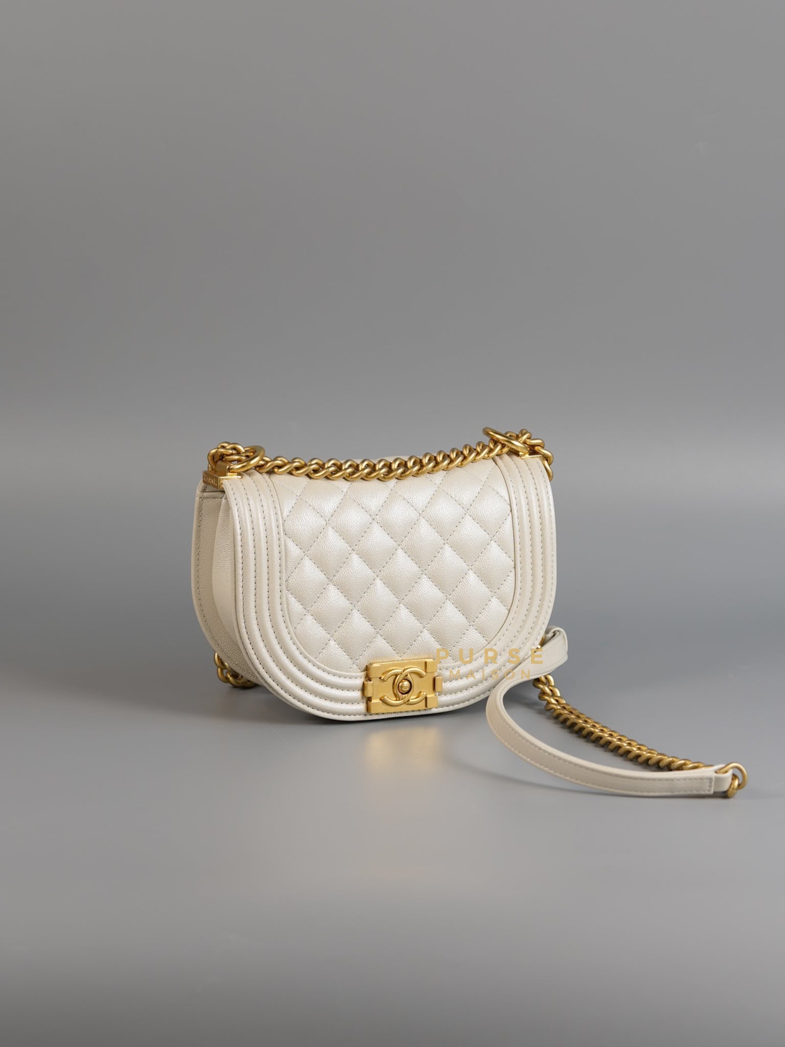 Boy Crescent Messenger Small Bag in Iridescent White Caviar & Aged Gold Hardware (Microchip) | Purse Maison Luxury Bags Shop