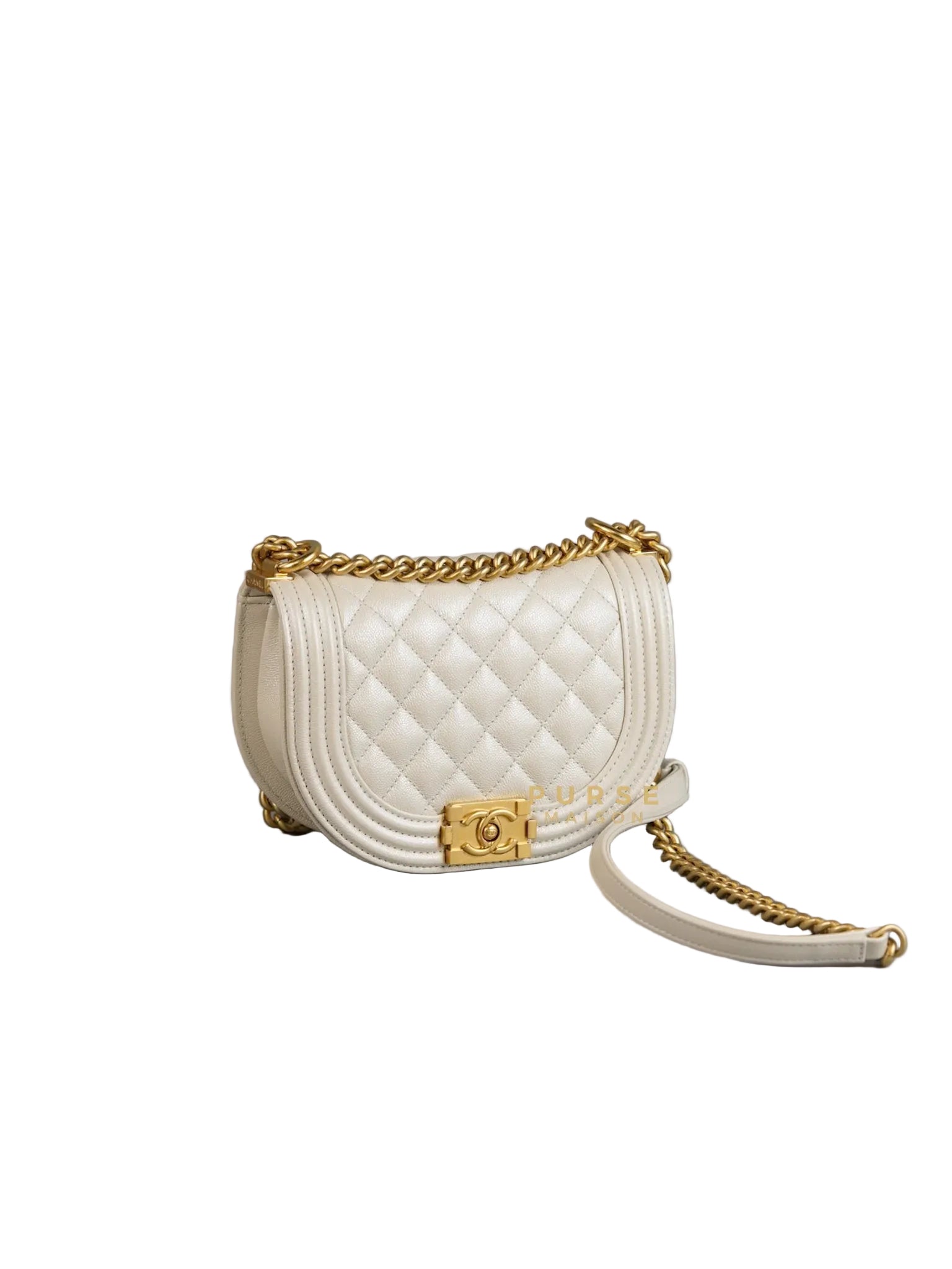 Boy Crescent Messenger Small Bag in Iridescent White Caviar & Aged Gold Hardware (Microchip) | Purse Maison Luxury Bags Shop