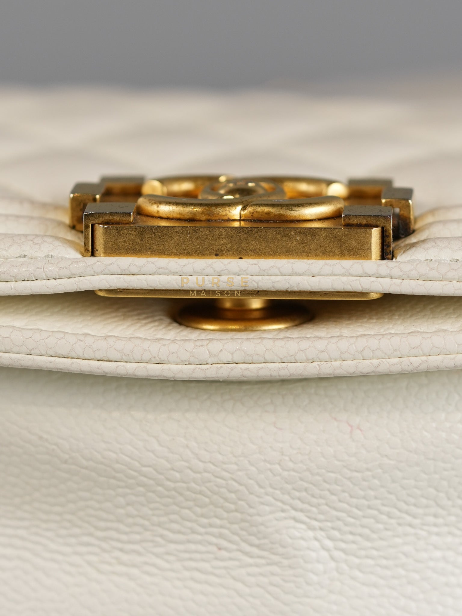 Boy Crescent White in Caviar Leather and Aged Gold Hardware (Microchip) | Purse Maison Luxury Bags Shop
