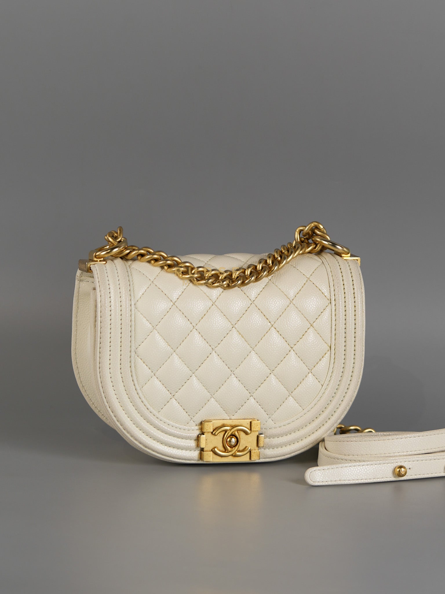 Boy Crescent White in Caviar Leather and Aged Gold Hardware (Microchip) | Purse Maison Luxury Bags Shop
