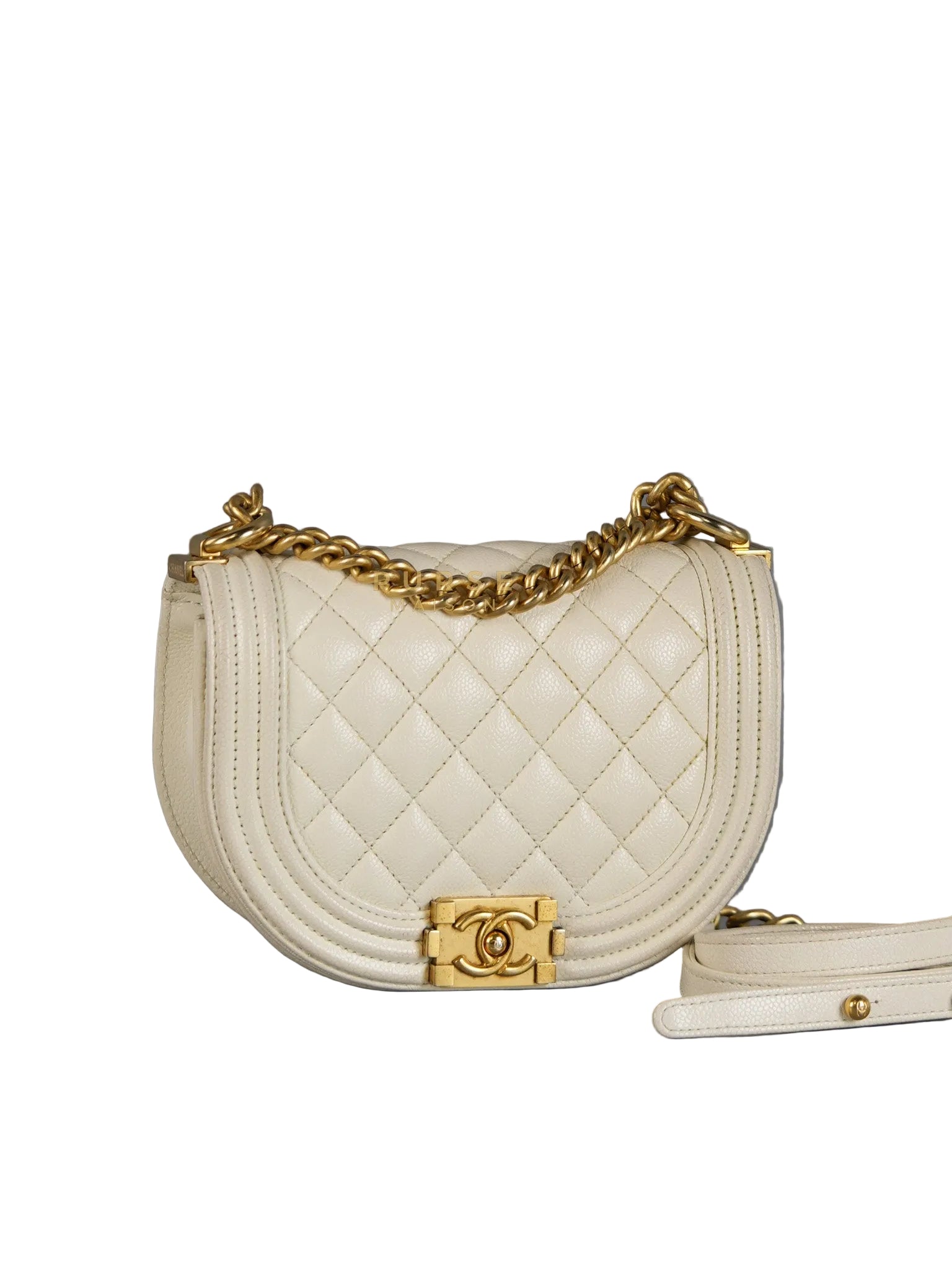 Boy Crescent White in Caviar Leather and Aged Gold Hardware (Microchip) | Purse Maison Luxury Bags Shop