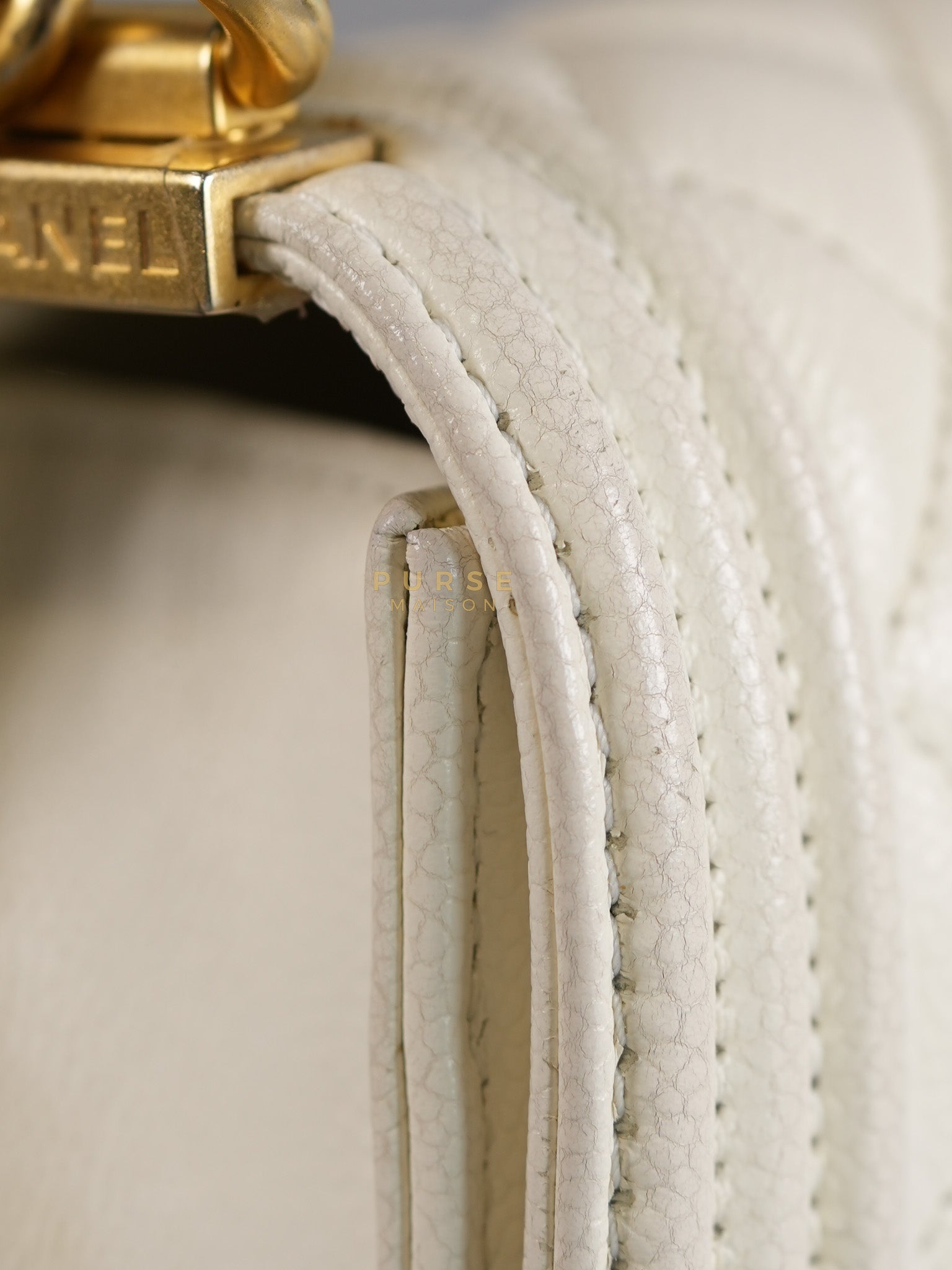 Boy Crescent White in Caviar Leather and Aged Gold Hardware (Microchip) | Purse Maison Luxury Bags Shop