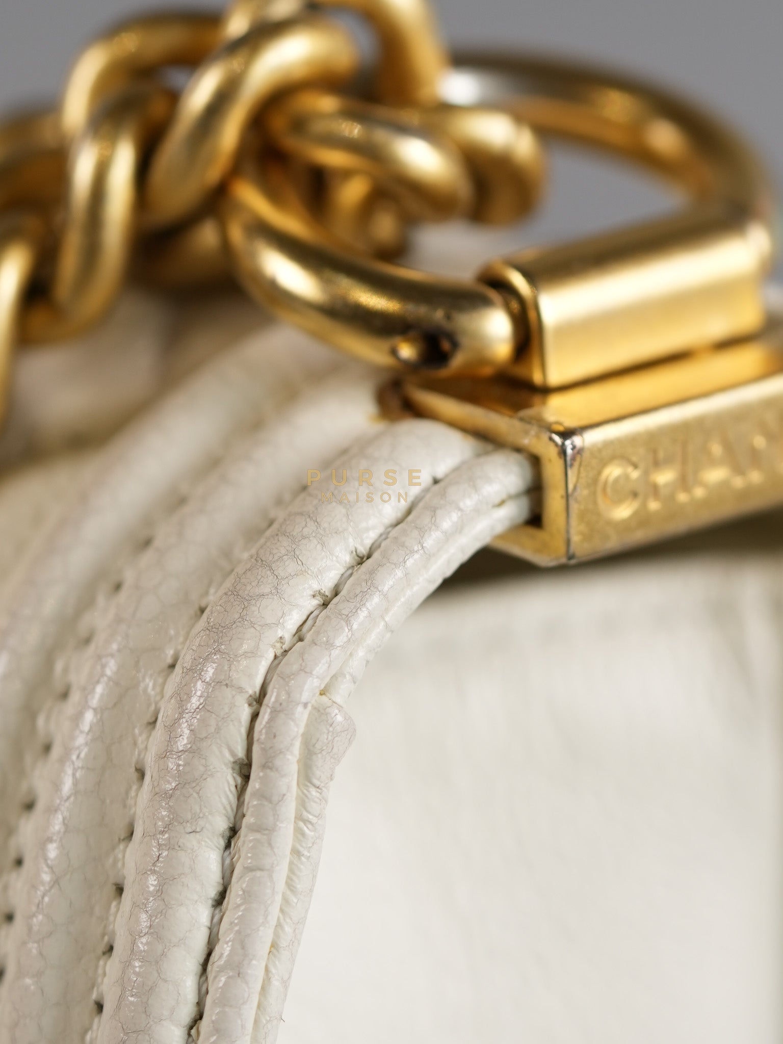 Boy Crescent White in Caviar Leather and Aged Gold Hardware (Microchip) | Purse Maison Luxury Bags Shop