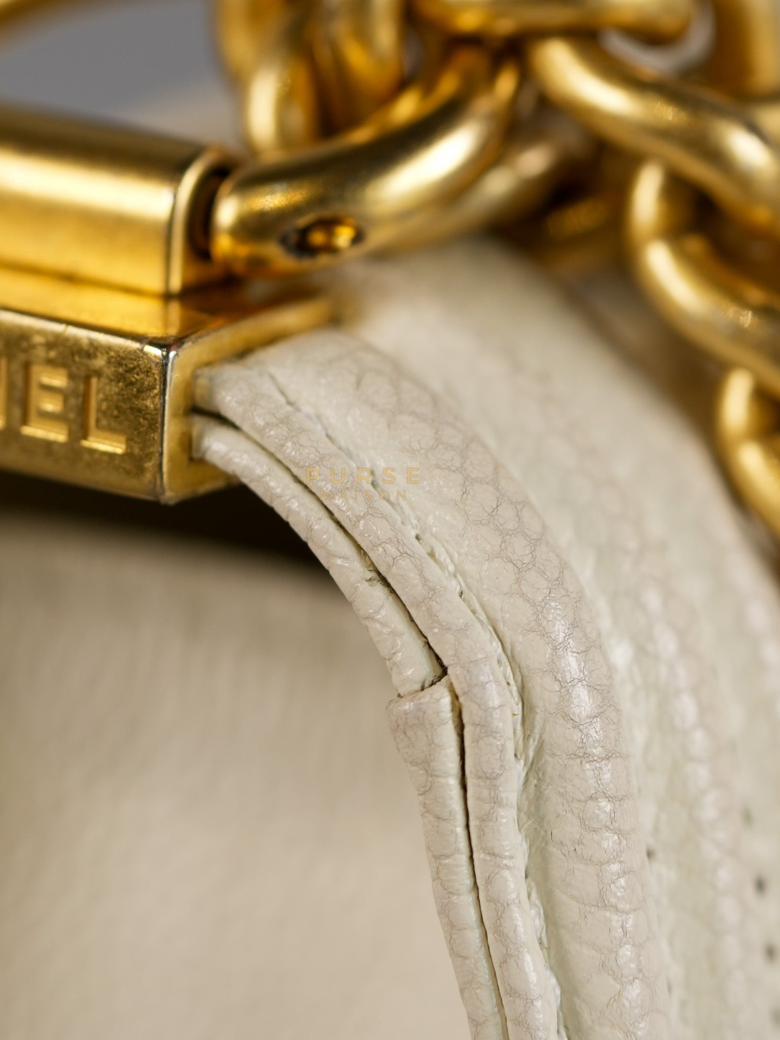 Boy Crescent White in Caviar Leather and Aged Gold Hardware (Microchip) | Purse Maison Luxury Bags Shop