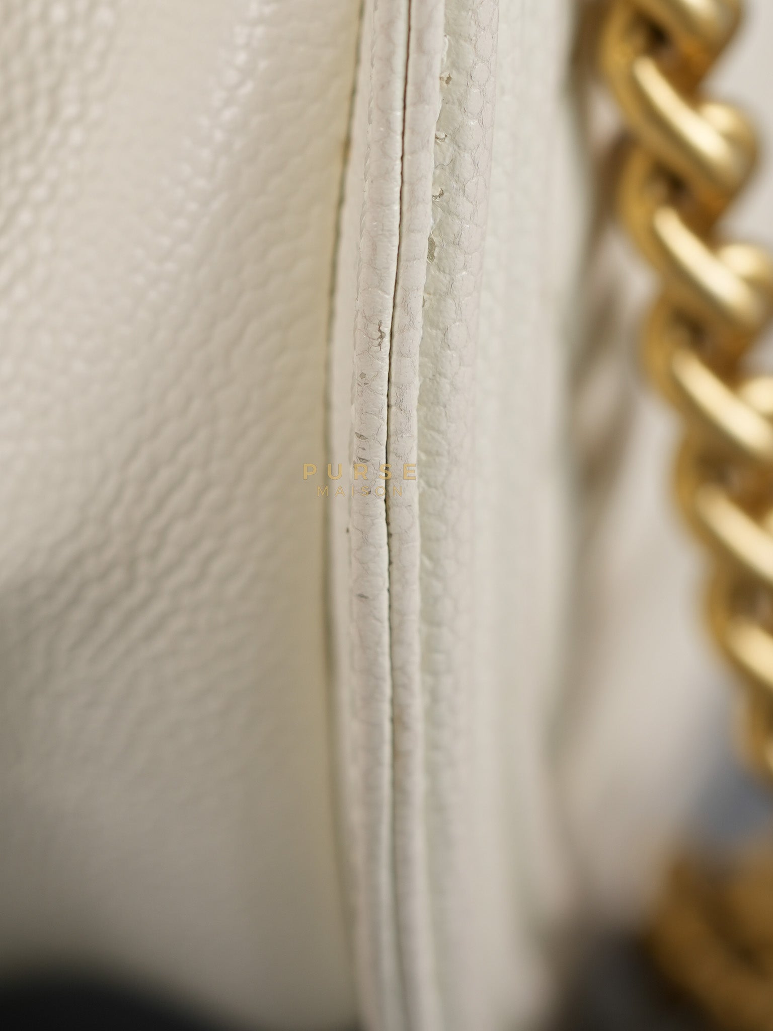 Boy Crescent White in Caviar Leather and Aged Gold Hardware (Microchip) | Purse Maison Luxury Bags Shop