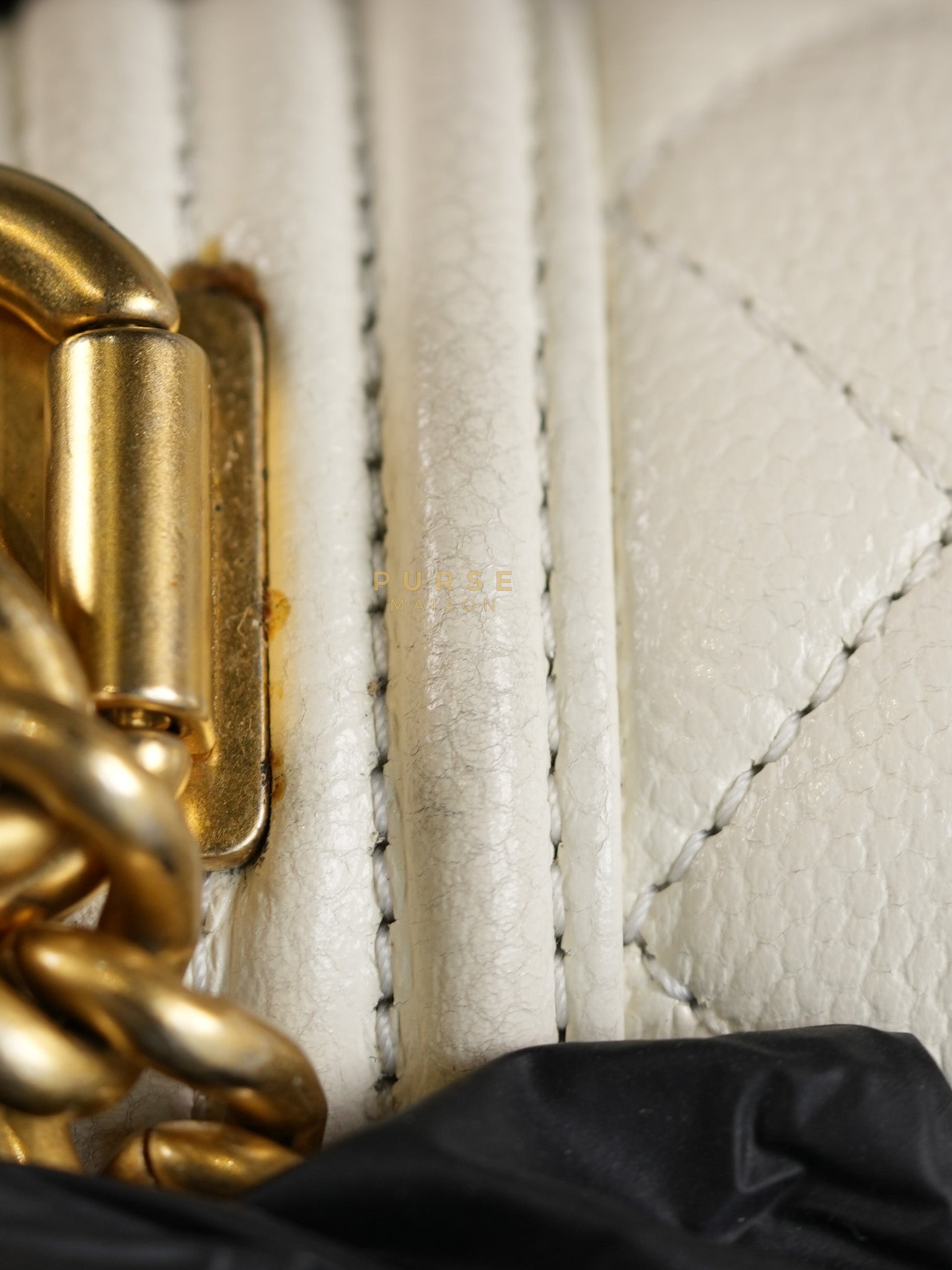 Boy Crescent White in Caviar Leather and Aged Gold Hardware (Microchip) | Purse Maison Luxury Bags Shop