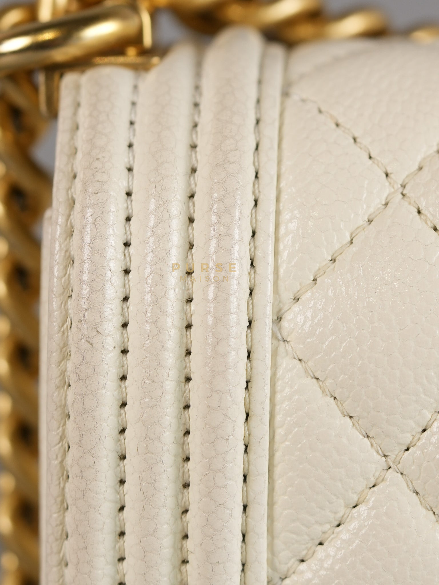 Boy Crescent White in Caviar Leather and Aged Gold Hardware (Microchip) | Purse Maison Luxury Bags Shop