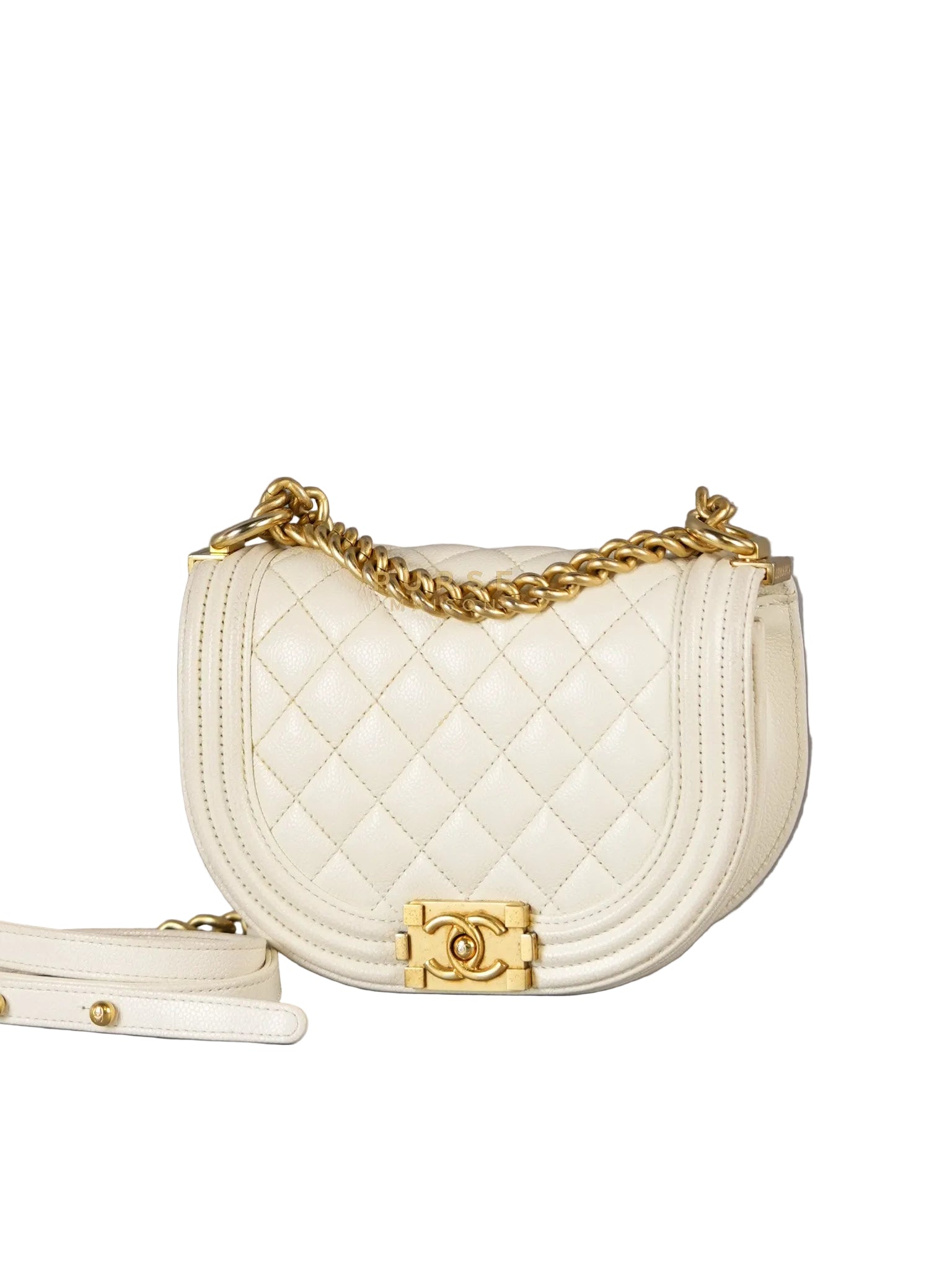 Boy Crescent White in Caviar Leather and Aged Gold Hardware (Microchip) | Purse Maison Luxury Bags Shop