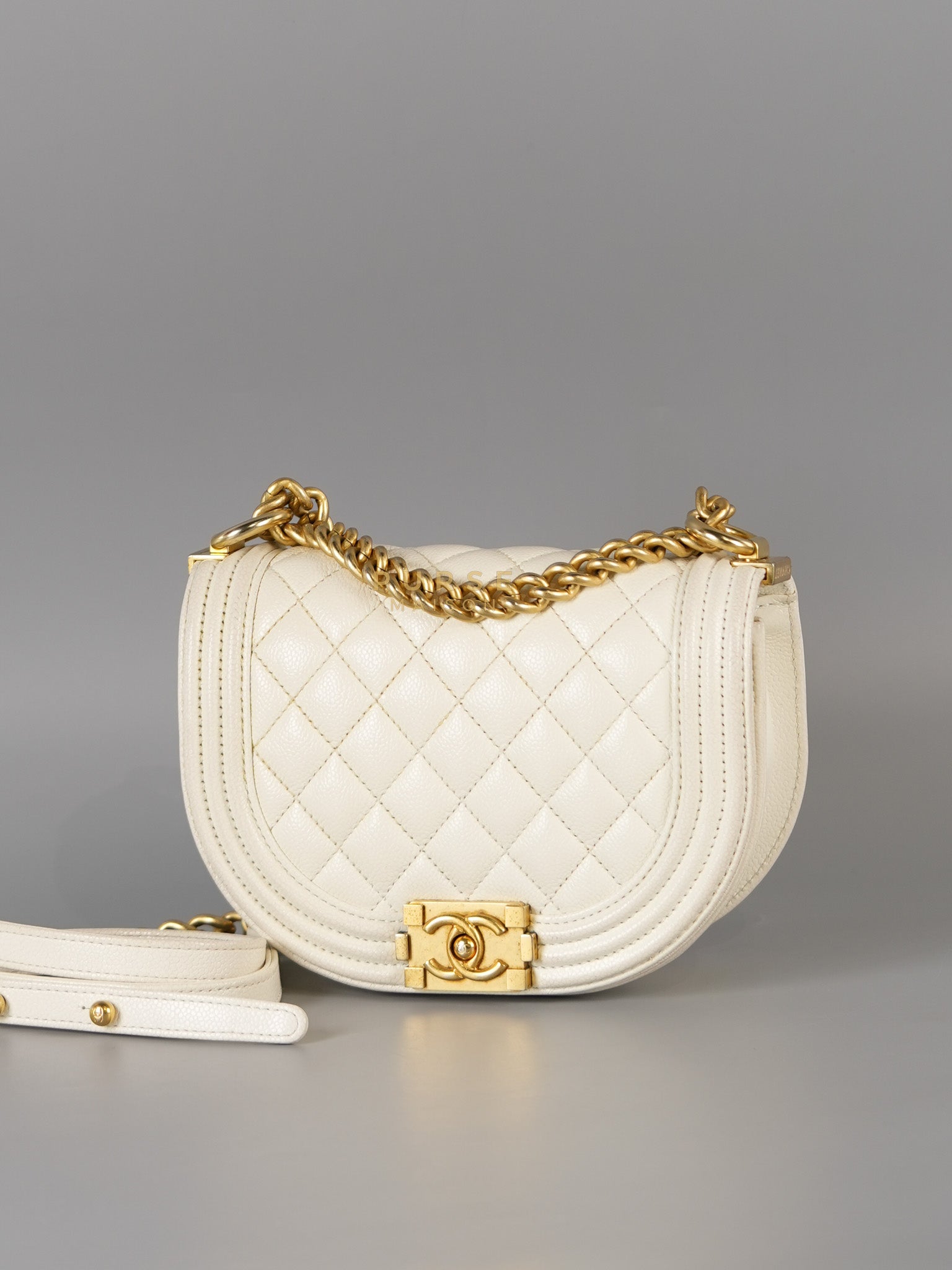 Boy Crescent White in Caviar Leather and Aged Gold Hardware (Microchip) | Purse Maison Luxury Bags Shop